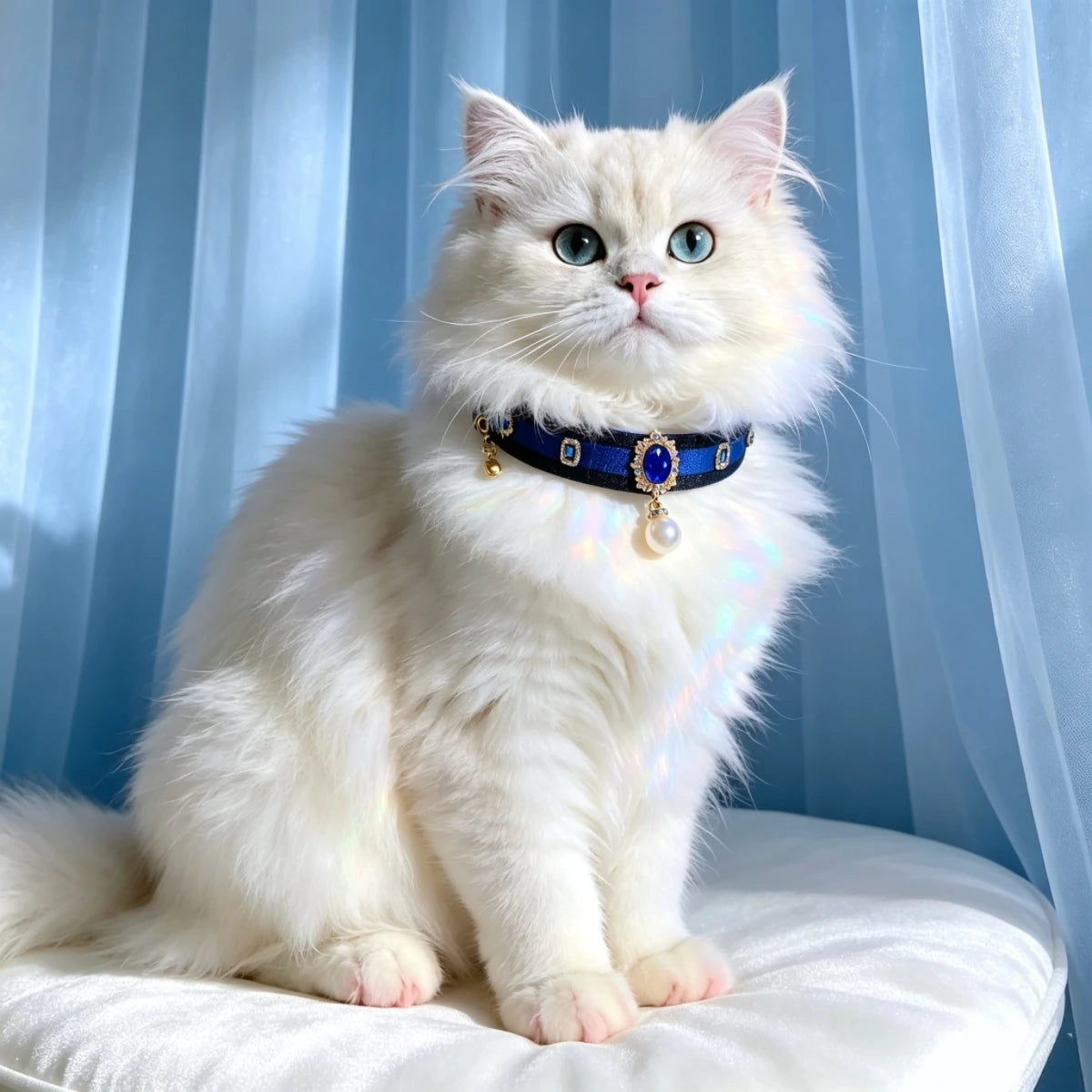 Royal Navy Sapphire Satin Pet Choker with Pearl Pendant, Luxury Decor Collar for Cats & Small Puppies