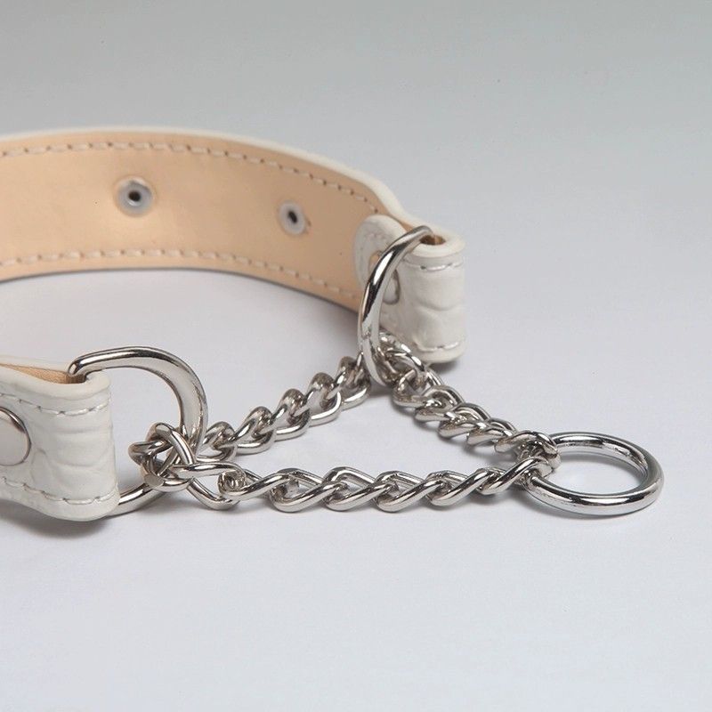 White Croc Leather Dog Collar & Matching Leash Set, Rhinestone Heart Studded Heavy Duty Collar for Large Dogs