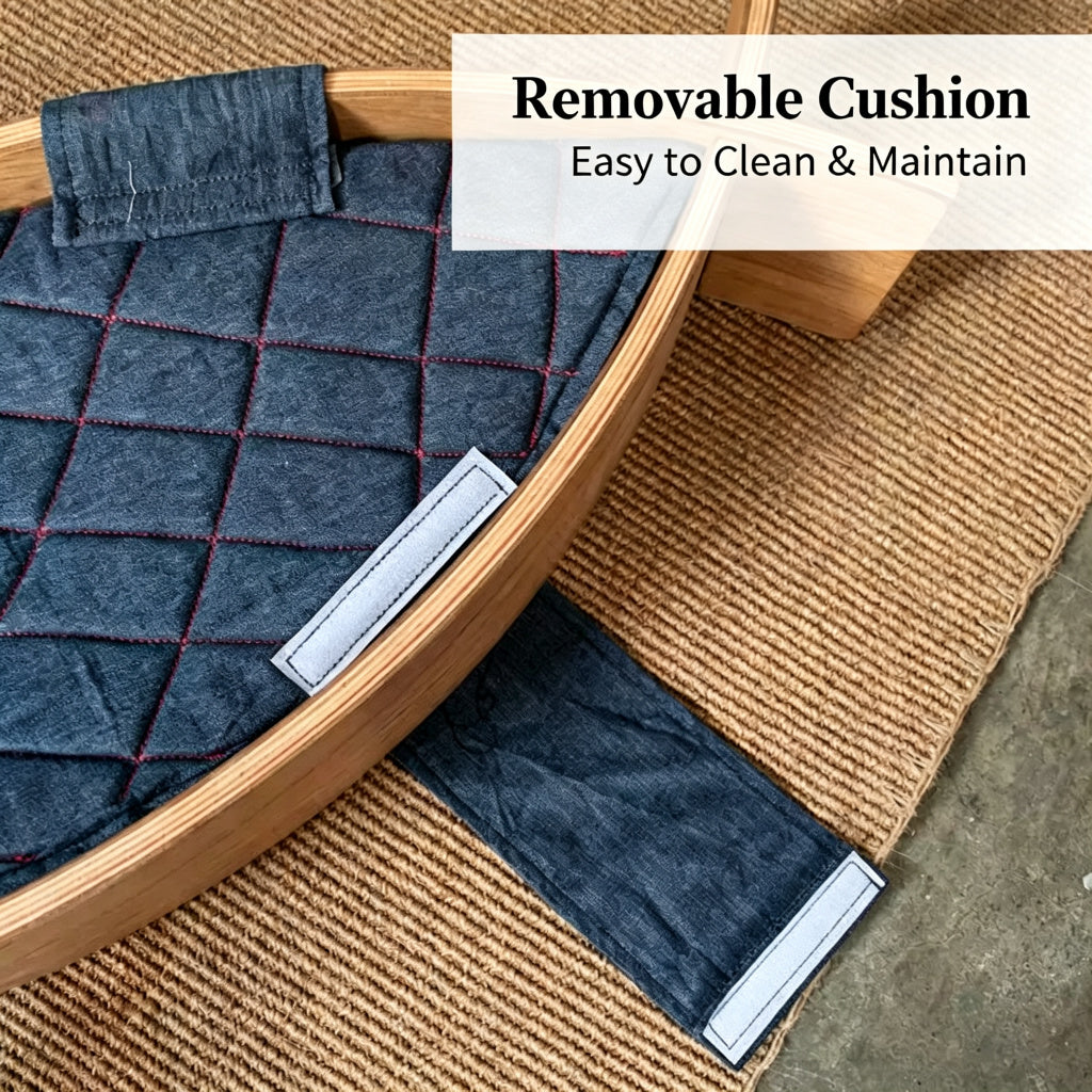 Minimalist Solid Wood Cat Bed with Soft Linen Cushions, Curved Open Indoor Cat Lounge Furniture for Large & Small Cats