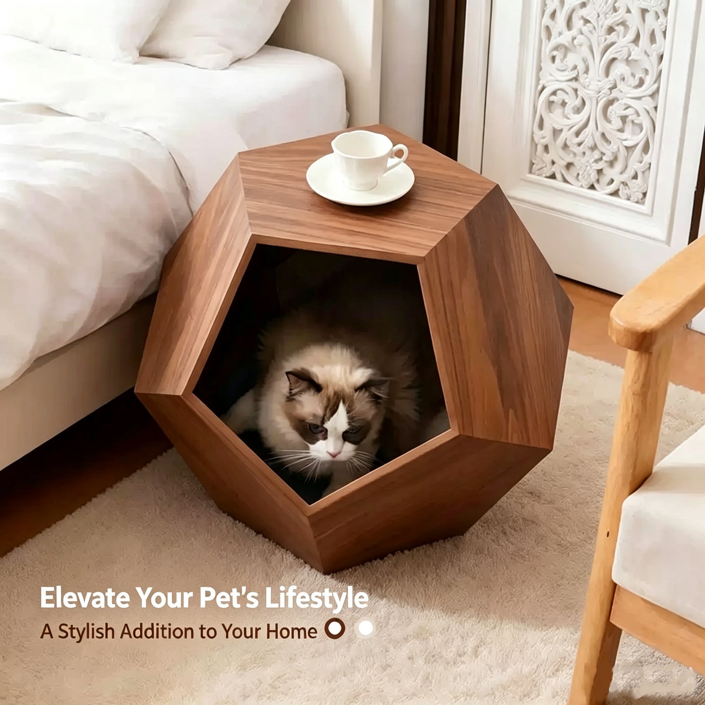 Geometric Wooden Cat Cave Side Table – 2-in-1 Modern Pet House & Minimalist End Table