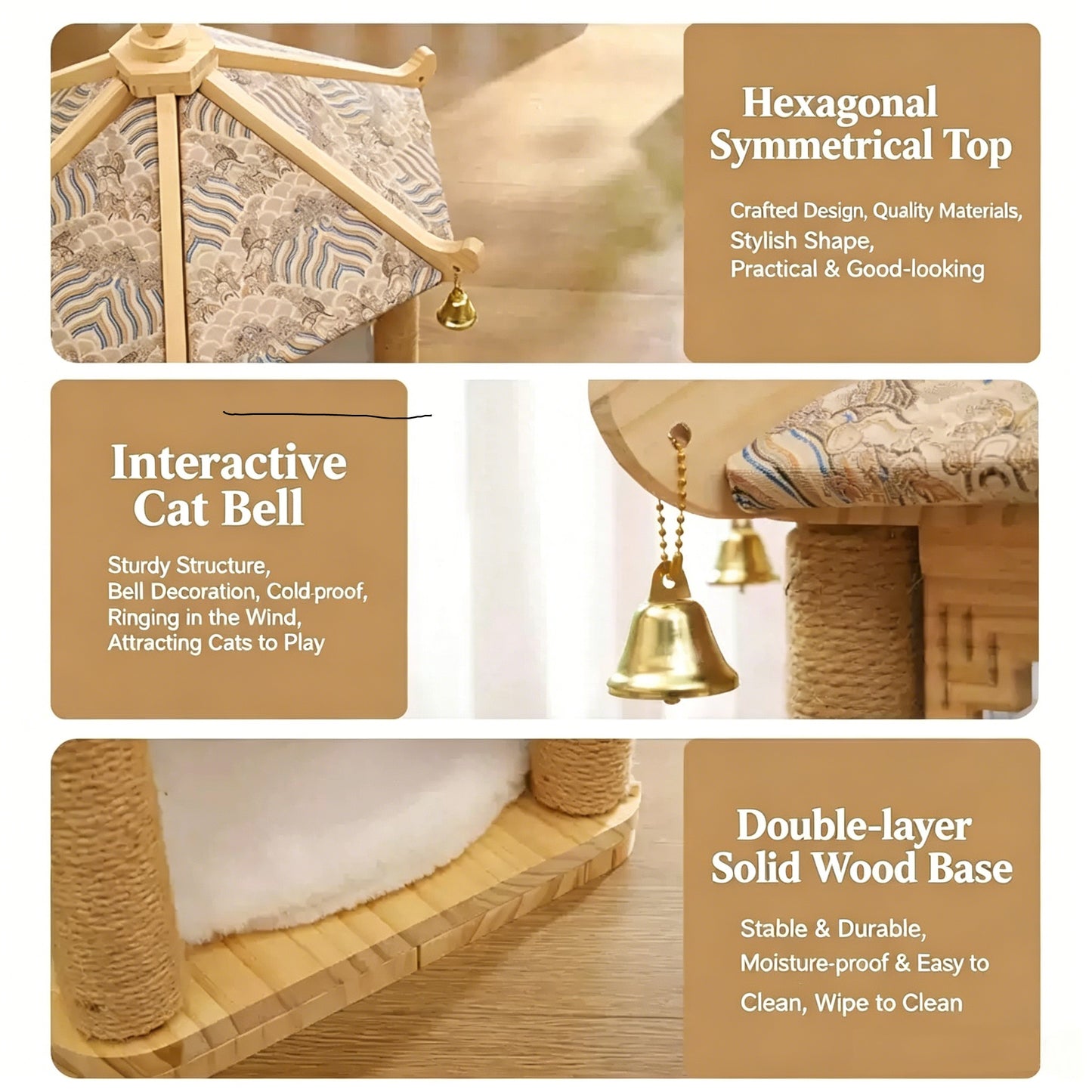 Chinese Style Hexagonal Pavilion Cat House, Solid Wood Cat Scratching Post Tower with Private Cave & Plush Cushion, Decorative Oriental Cat Furniture for Indoor Cats