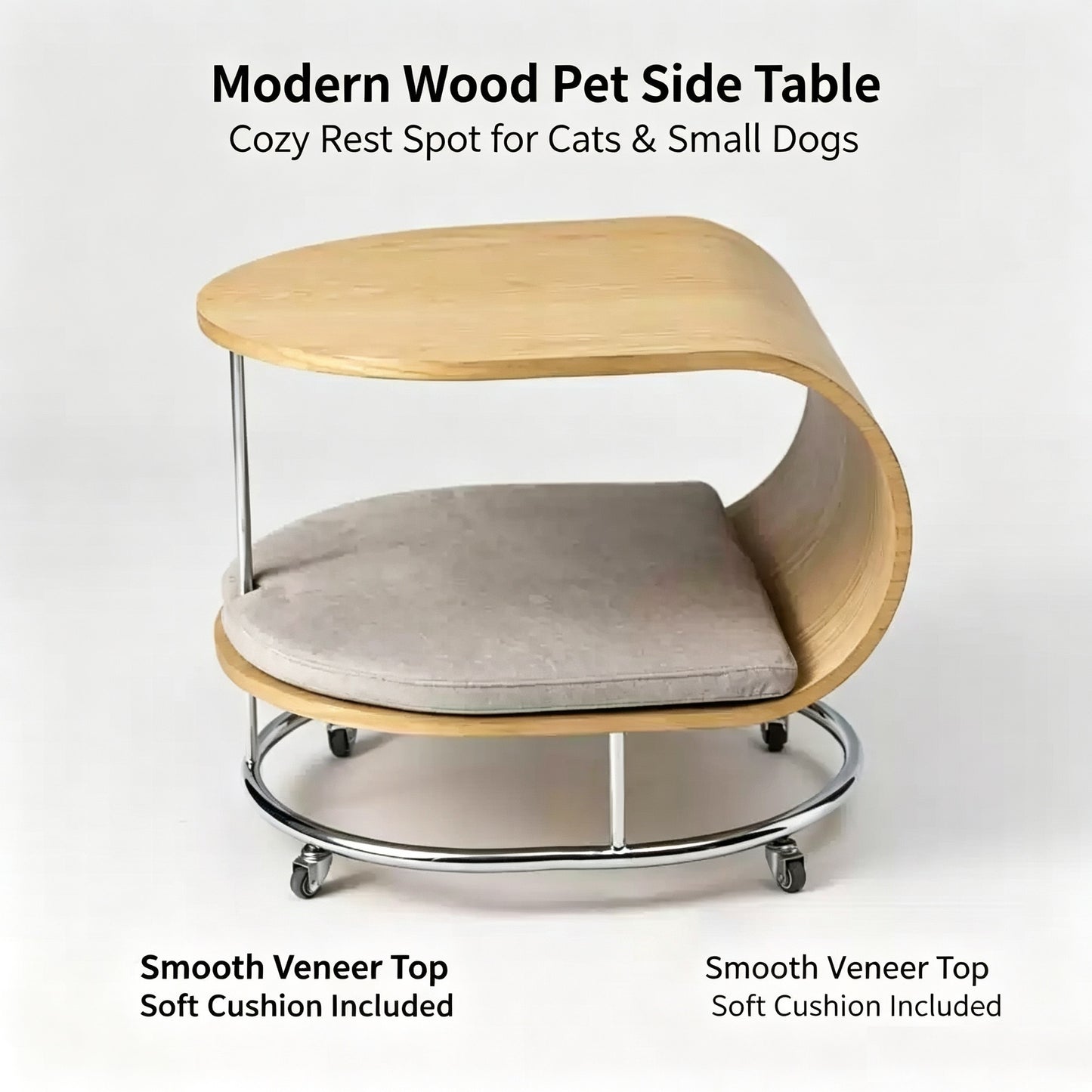 Multi-Functional U-Shaped Bent Wood Cat Bed Side Table with Rolling Casters, Shared Human & Pet Accent End Table, Removable Anti-Scratch Cat Cushion for Small Cats & Dogs