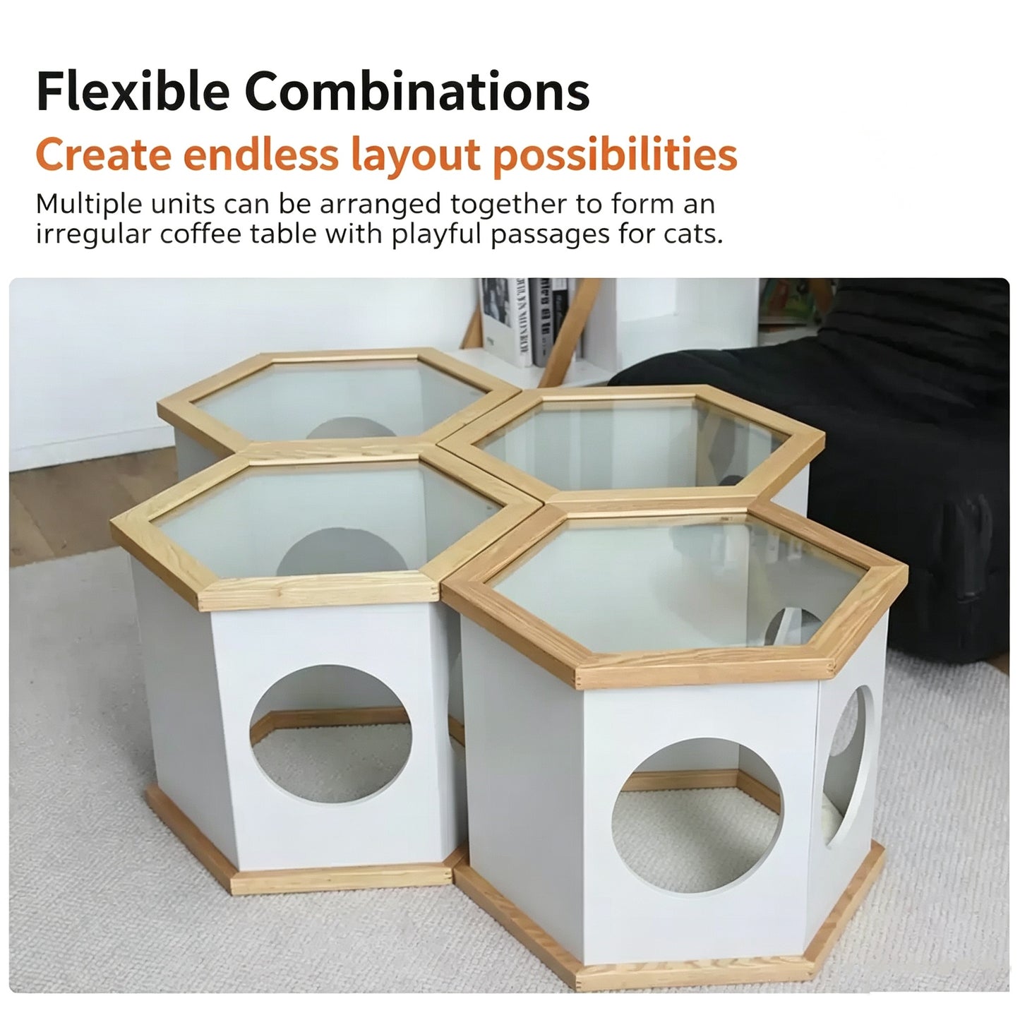 Hexagon Pet House Side Table, Multi-Functional Wooden Accent Table Stool for Small Cats & Dogs