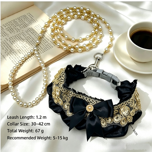 Luxury Lace Pearl Pet Collar & Beaded Leash Set for Small Dogs & Cats, 2 Colors