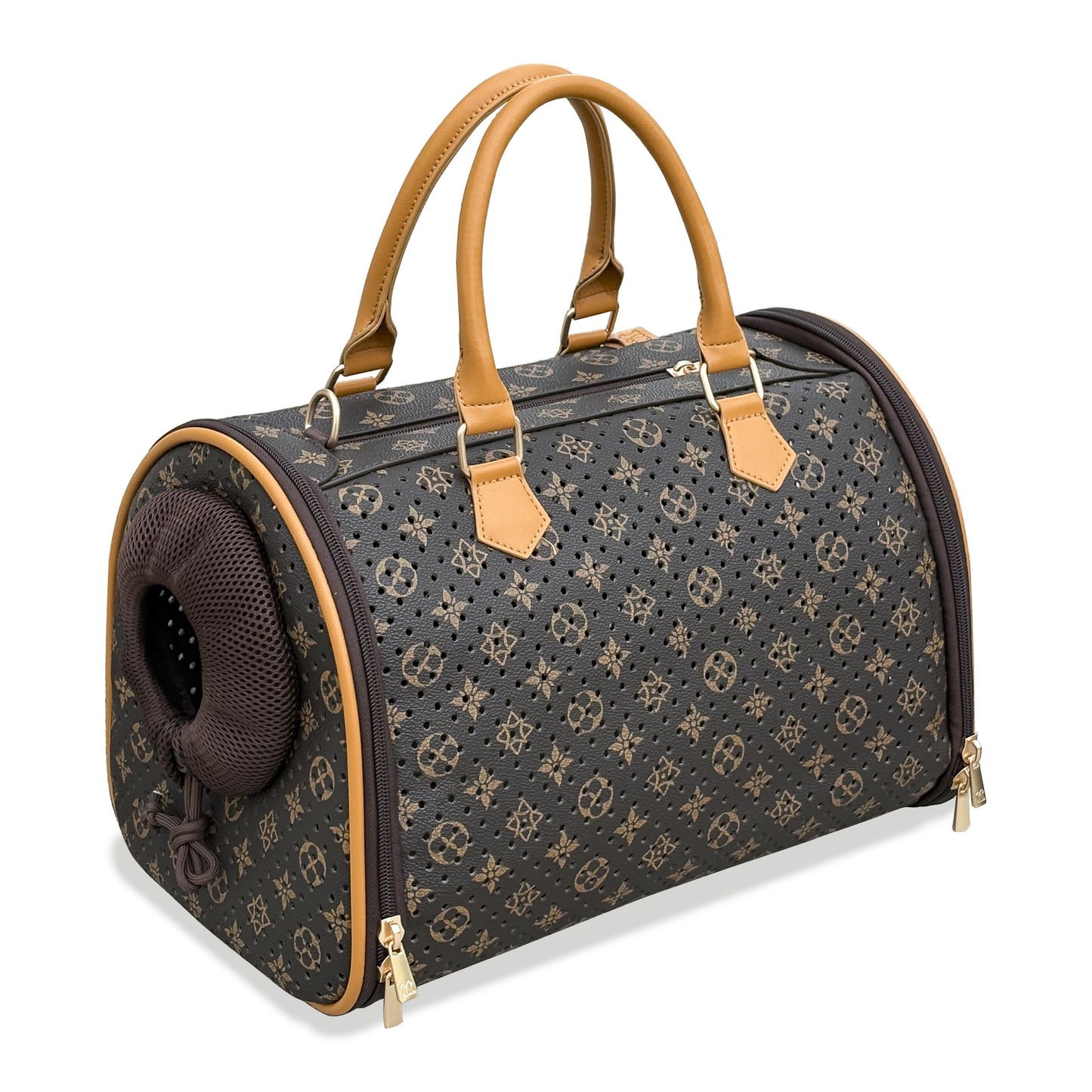 Retro Printed PU Leather Pet Carrier Bag, Lightweight Foldable Travel Handbag with Shoulder Strap, Breathable Mesh Window Portable Carrier for Small Cats & Tiny Dogs Under 13lbs