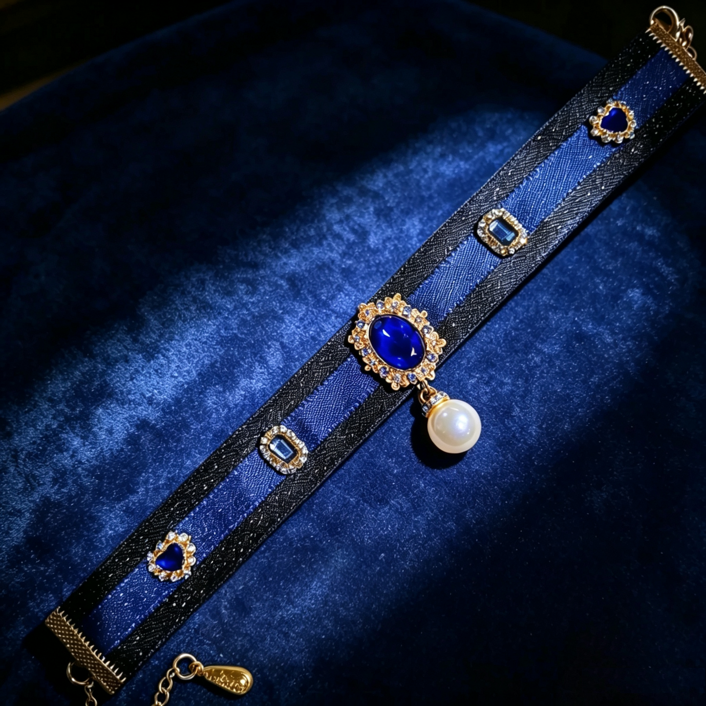 Royal Navy Sapphire Satin Pet Choker with Pearl Pendant, Luxury Decor Collar for Cats & Small Puppies