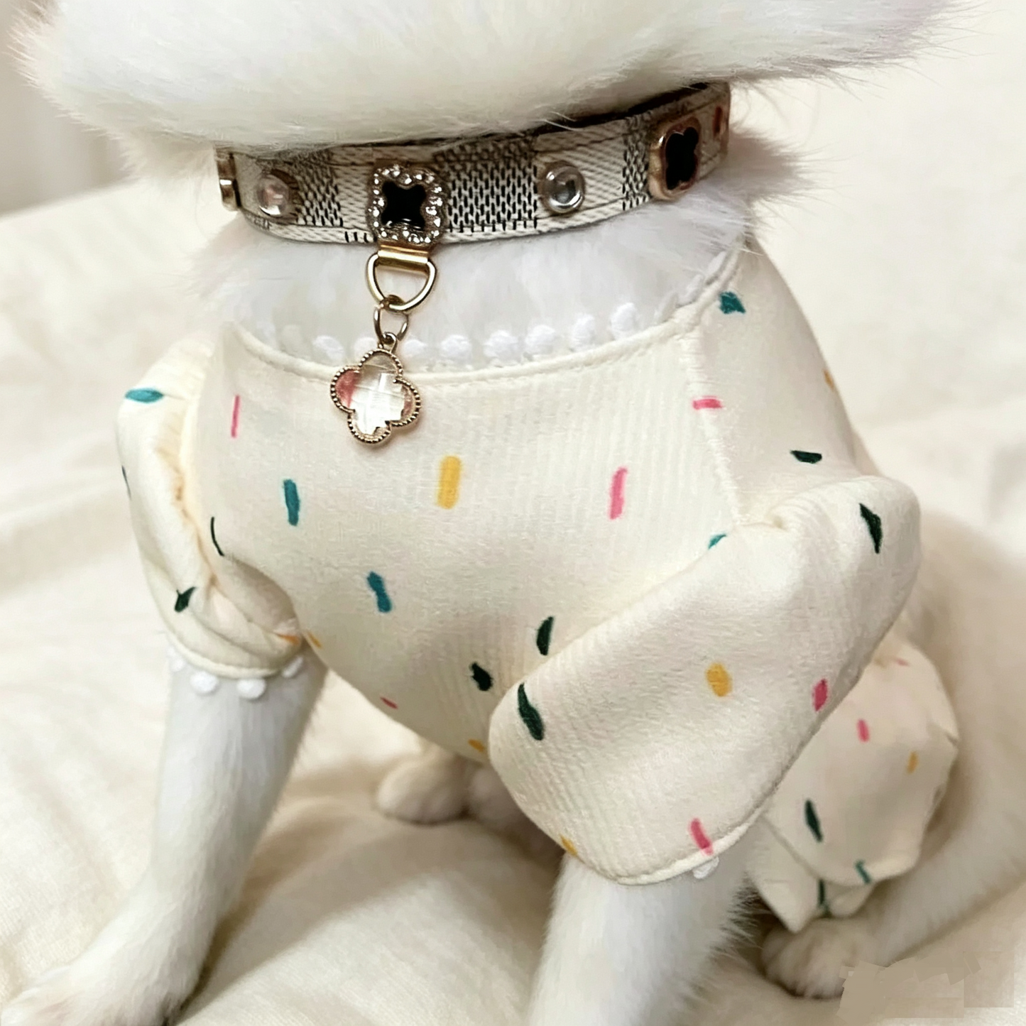 Luxury Checkered Clover Rhinestone Pet Collar & Matching Leash Set for Cats & Small Dogs