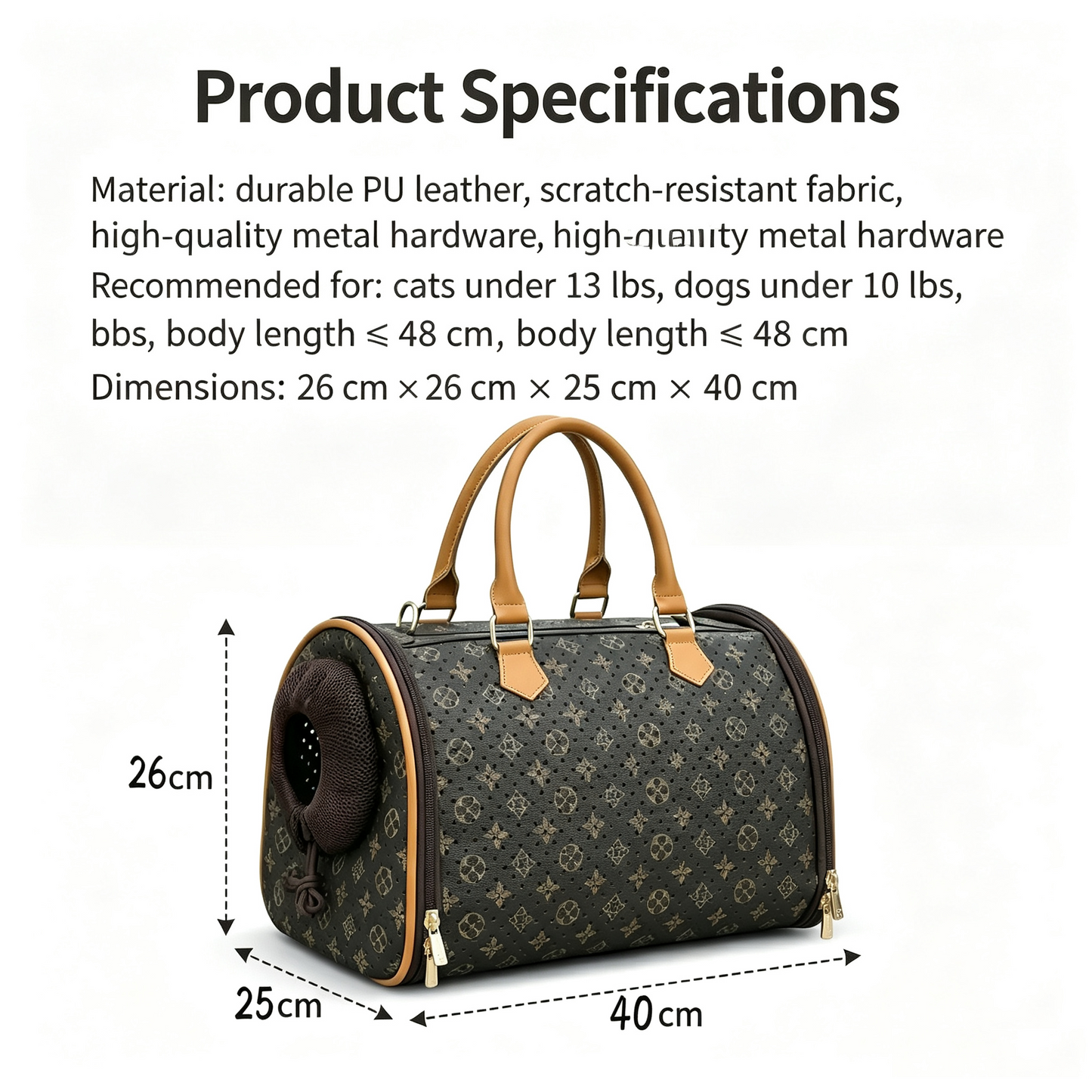 Retro Printed PU Leather Pet Carrier Bag, Lightweight Foldable Travel Handbag with Shoulder Strap, Breathable Mesh Window Portable Carrier for Small Cats & Tiny Dogs Under 13lbs