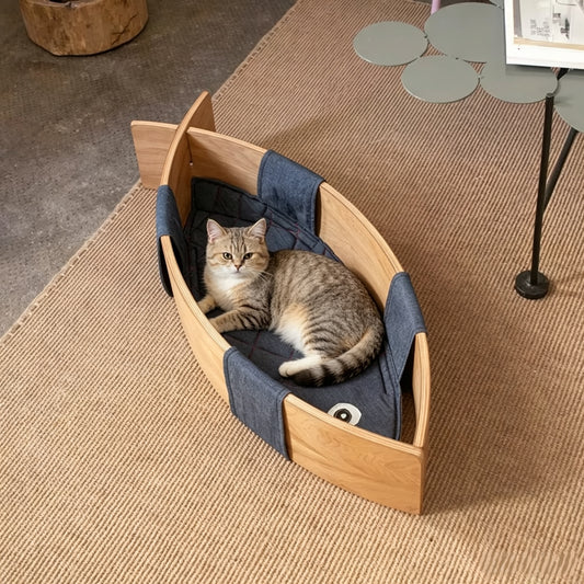 Minimalist Solid Wood Cat Bed with Soft Linen Cushions, Curved Open Indoor Cat Lounge Furniture for Large & Small Cats