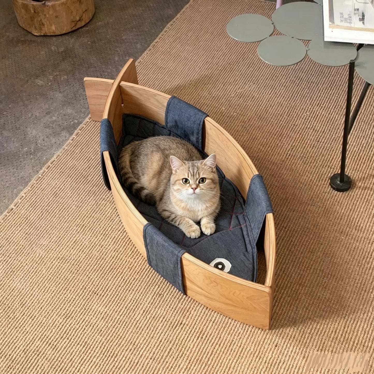 Minimalist Solid Wood Cat Bed with Soft Linen Cushions, Curved Open Indoor Cat Lounge Furniture for Large & Small Cats