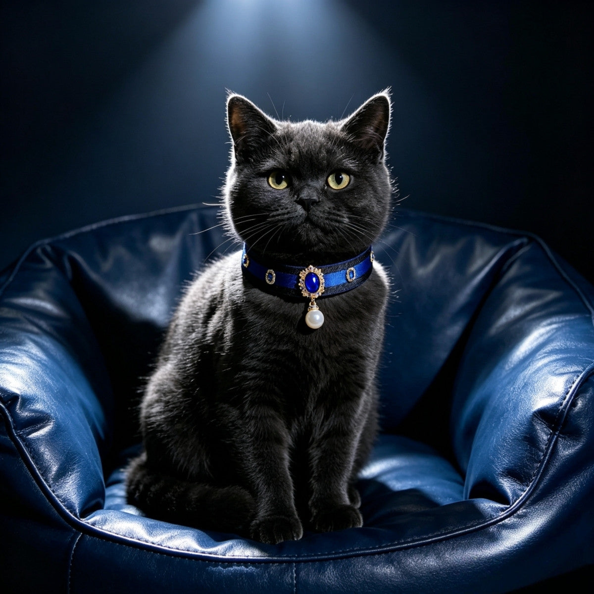 Royal Navy Sapphire Satin Pet Choker with Pearl Pendant, Luxury Decor Collar for Cats & Small Puppies