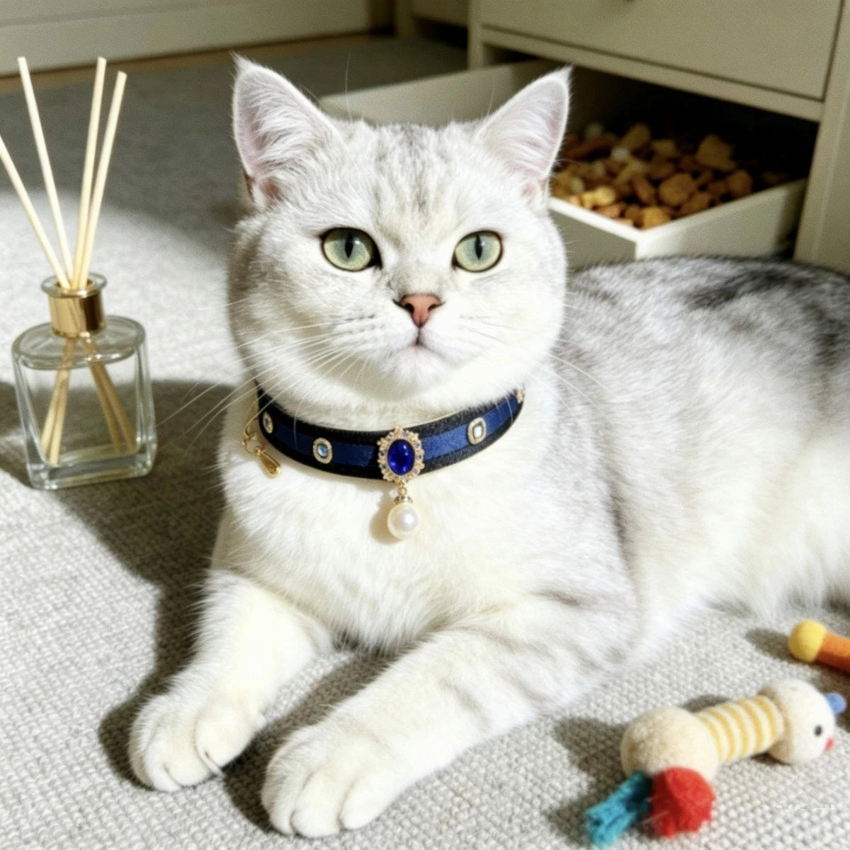 Royal Navy Sapphire Satin Pet Choker with Pearl Pendant, Luxury Decor Collar for Cats & Small Puppies