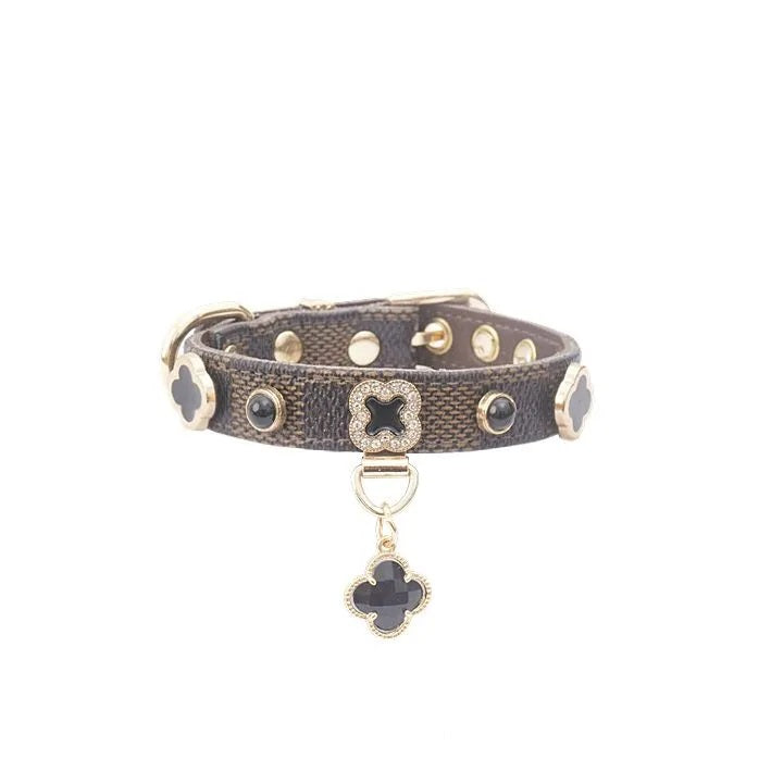 Luxury Checkered Clover Rhinestone Pet Collar & Matching Leash Set for Cats & Small Dogs