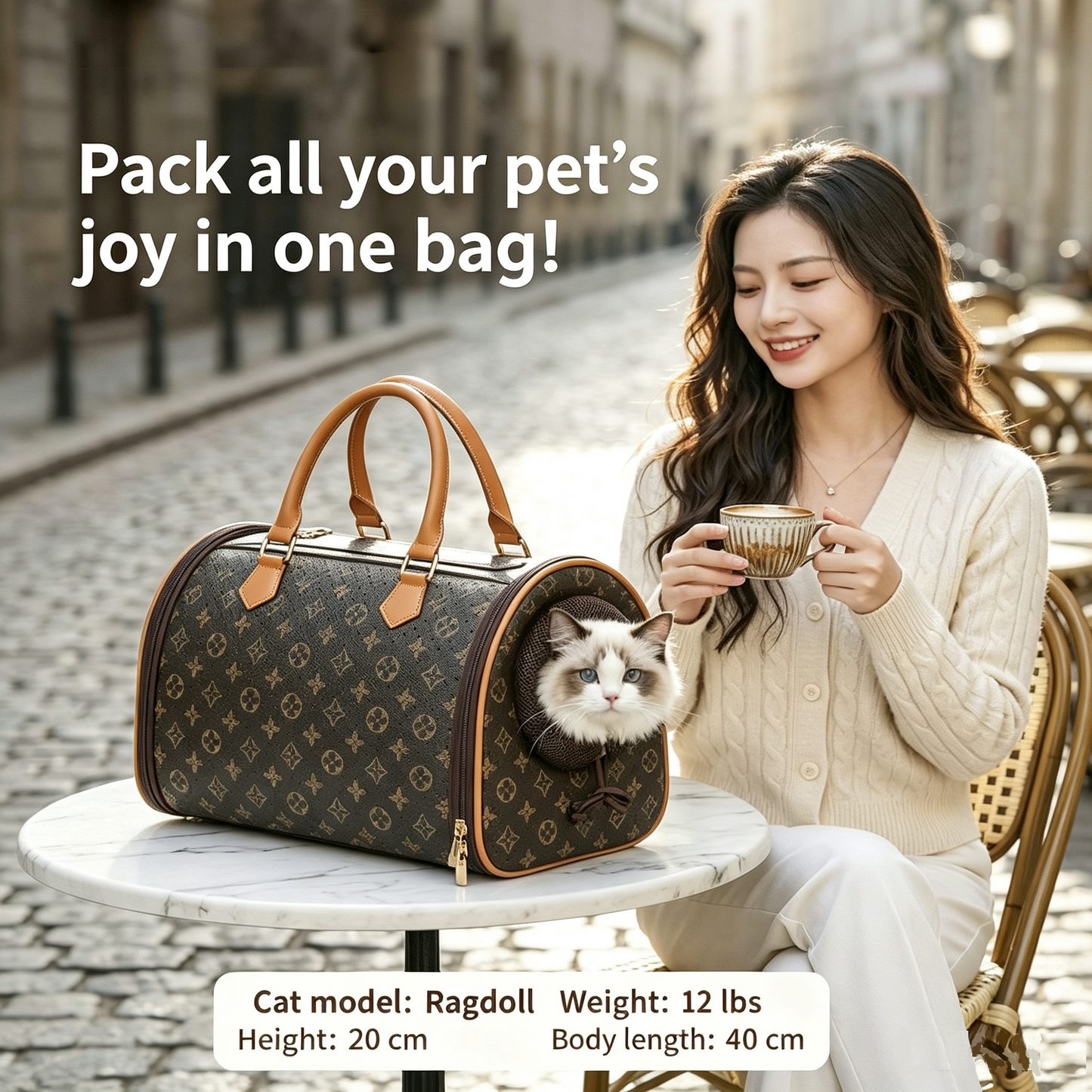 Retro Printed PU Leather Pet Carrier Bag, Lightweight Foldable Travel Handbag with Shoulder Strap, Breathable Mesh Window Portable Carrier for Small Cats & Tiny Dogs Under 13lbs