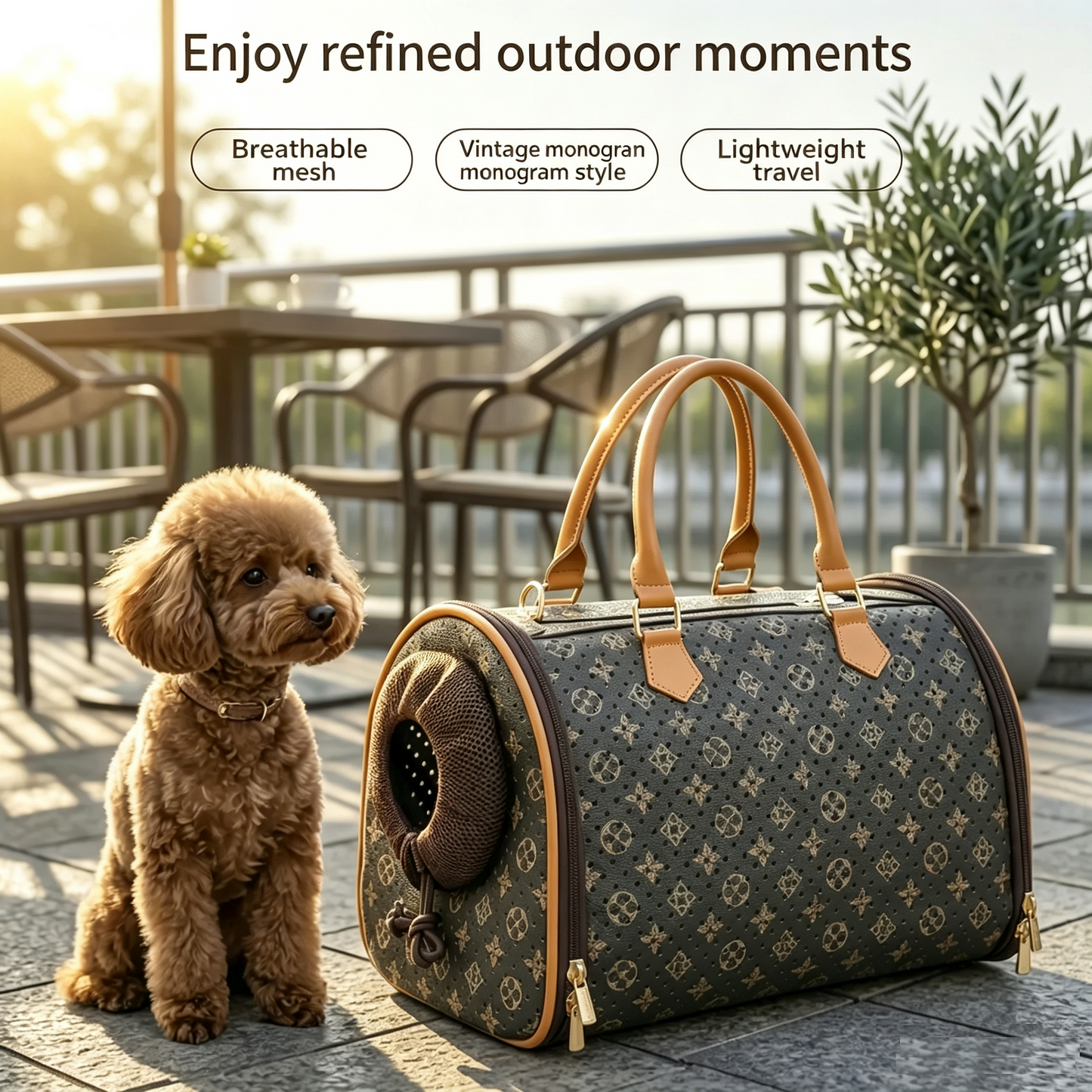Retro Printed PU Leather Pet Carrier Bag, Lightweight Foldable Travel Handbag with Shoulder Strap, Breathable Mesh Window Portable Carrier for Small Cats & Tiny Dogs Under 13lbs