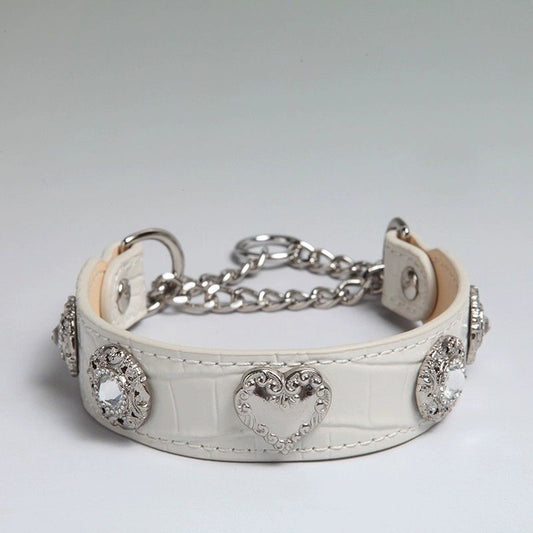 White Croc Leather Dog Collar & Matching Leash Set, Rhinestone Heart Studded Heavy Duty Collar for Large Dogs