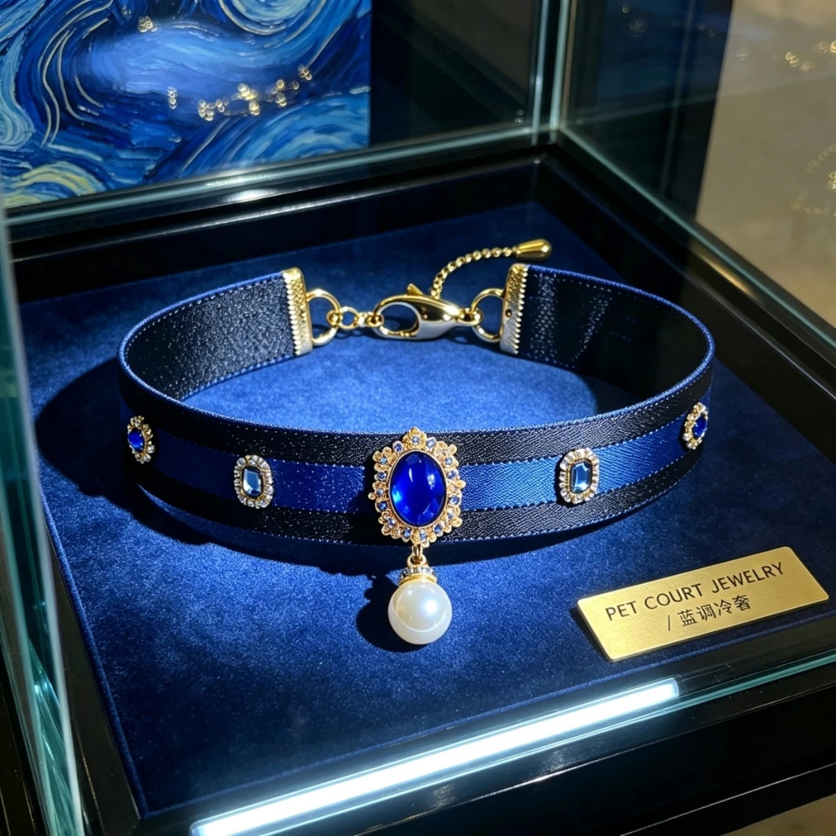 Royal Navy Sapphire Satin Pet Choker with Pearl Pendant, Luxury Decor Collar for Cats & Small Puppies