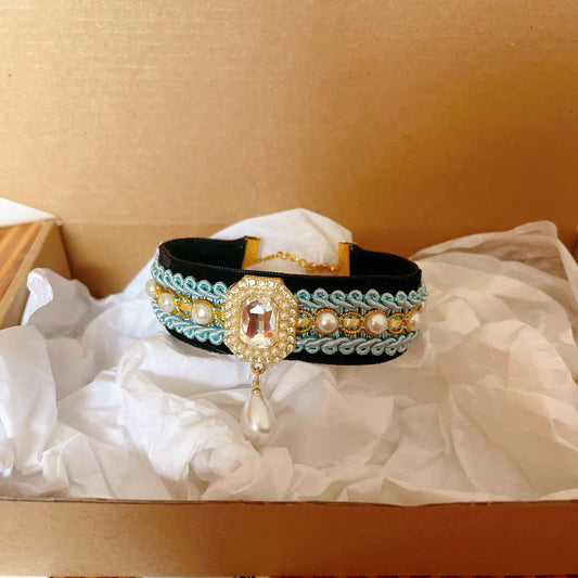 Vintage Baroque Pearl Crystal Pet Choker, Luxury Decor Collar for Cats & Small Puppies