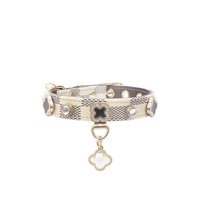 Luxury Checkered Clover Rhinestone Pet Collar & Matching Leash Set for Cats & Small Dogs