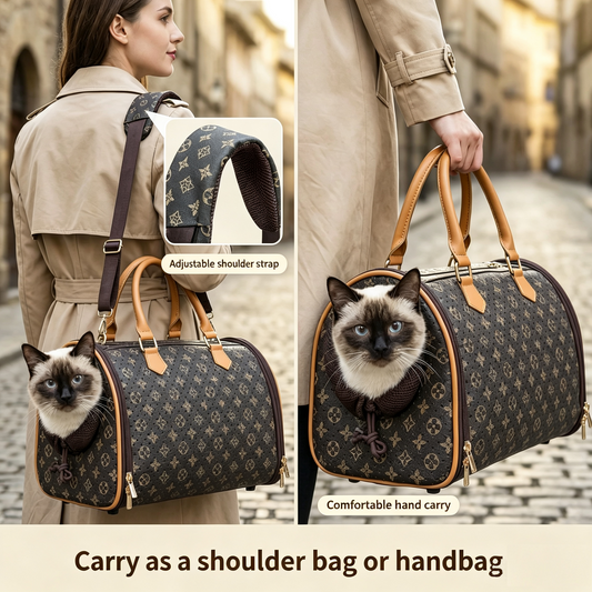 Retro Printed PU Leather Pet Carrier Bag, Lightweight Foldable Travel Handbag with Shoulder Strap, Breathable Mesh Window Portable Carrier for Small Cats & Tiny Dogs Under 13lbs