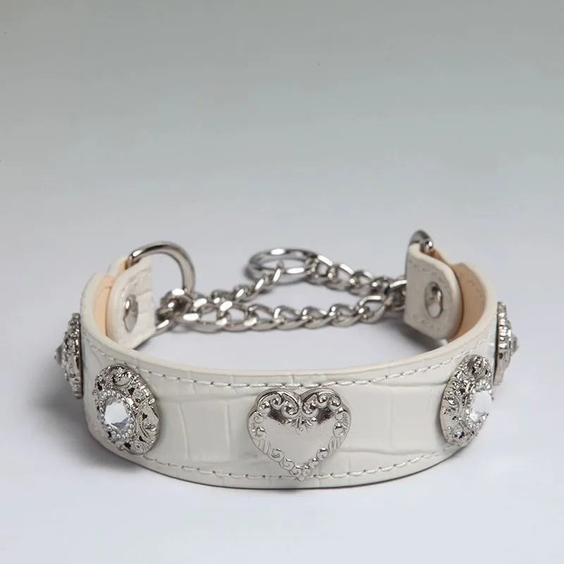 White Croc Leather Dog Collar & Matching Leash Set, Rhinestone Heart Studded Heavy Duty Collar for Large Dogs