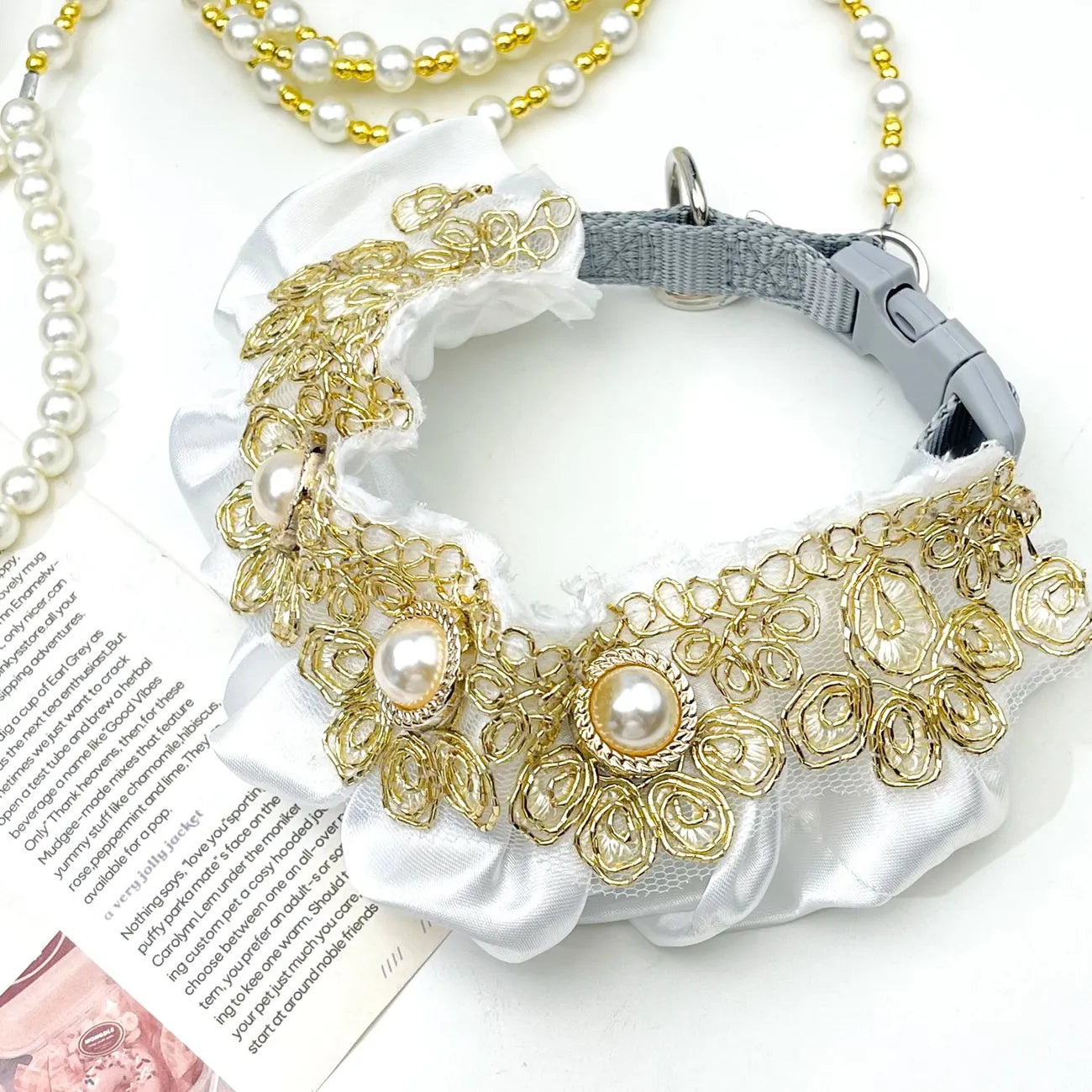 Luxury Lace Pearl Pet Collar & Beaded Leash Set for Small Dogs & Cats, 2 Colors