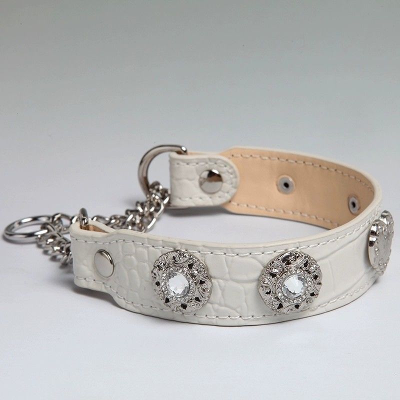 White Croc Leather Dog Collar & Matching Leash Set, Rhinestone Heart Studded Heavy Duty Collar for Large Dogs