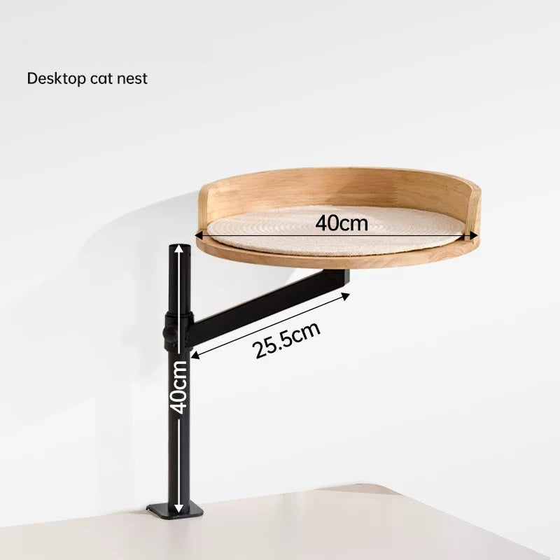 Clamp-On Elevated Oak Cat Perch, 2-Tier Table Side Cat Bed with Adjustable Metal Frame, No Drill Window Cat Platform for Indoor Cats