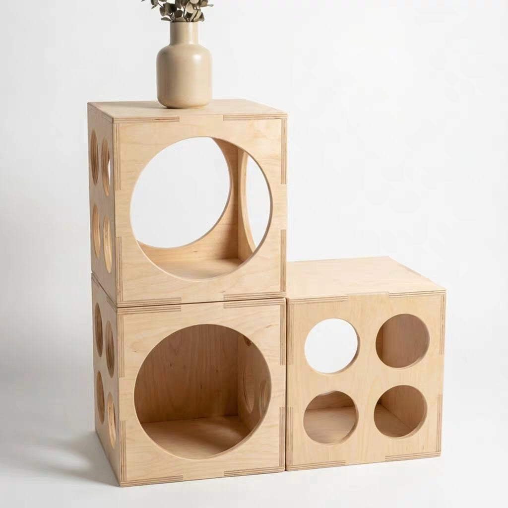 M4U BLOCK Customizable Modular Plywood Cat Cube – A stackable, interlocking cat den module with cutouts that doubles as a decorative storage side table for both humans and pets (suitable for indoor cats and small dogs).