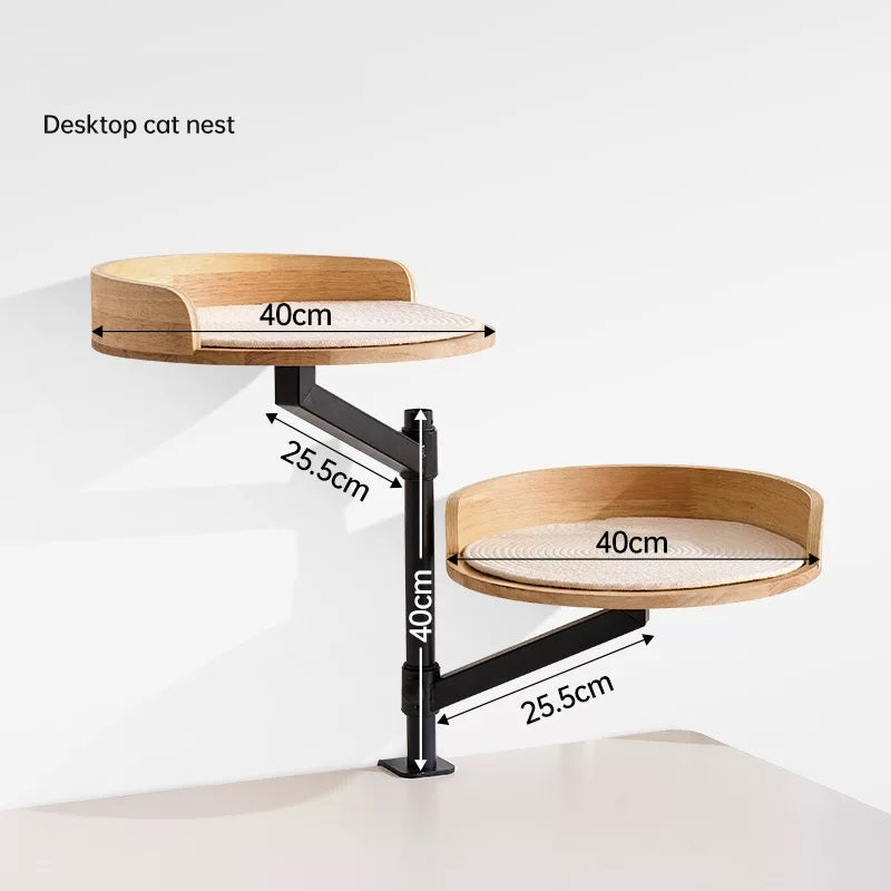 Clamp-On Elevated Oak Cat Perch, 2-Tier Table Side Cat Bed with Adjustable Metal Frame, No Drill Window Cat Platform for Indoor Cats