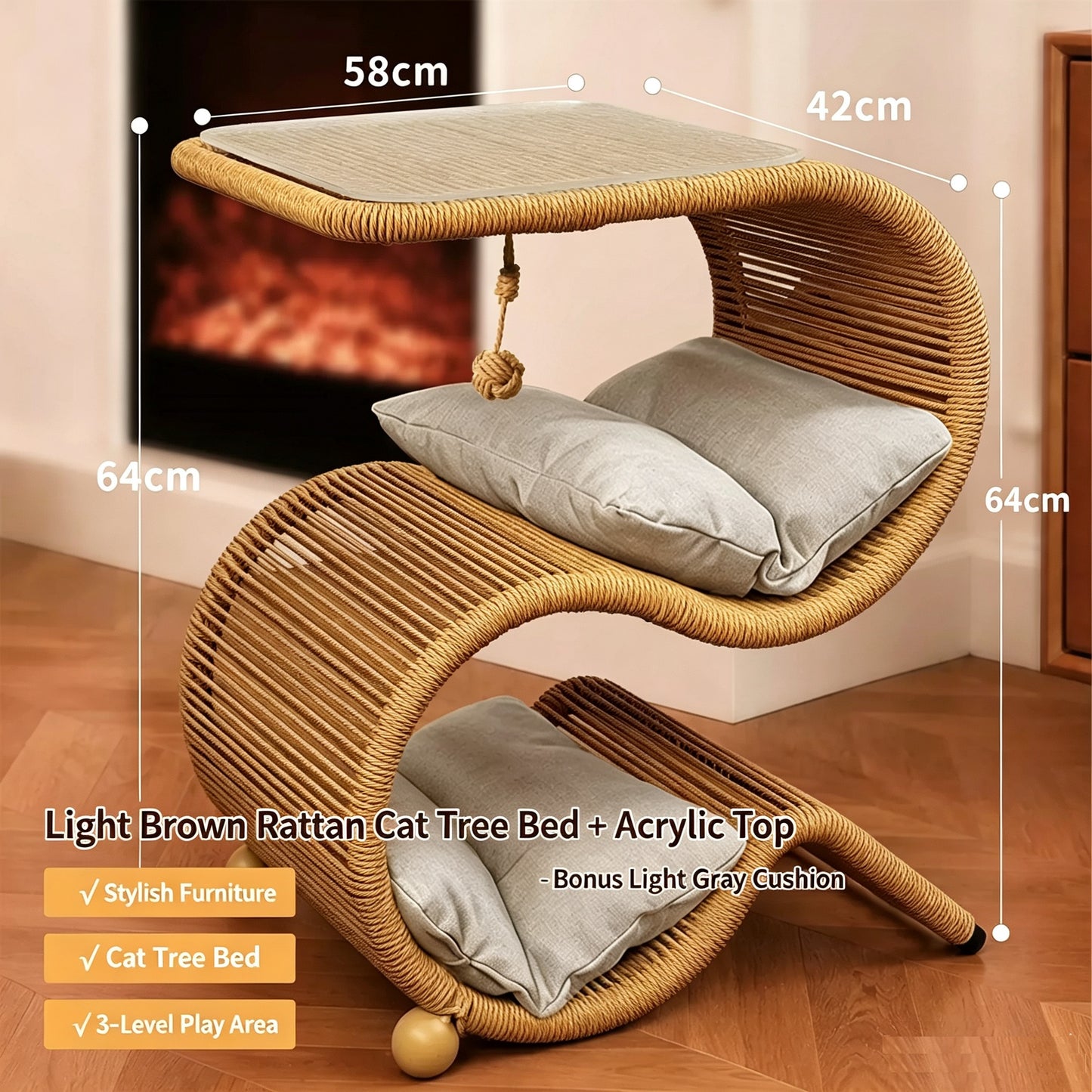 Dual-Use Handwoven PE Rattan Cat Tree Side Table | Human-Pet Shared End Table Cat Tunnel Hideaway Bed with Hanging Rope Toy, Double-Sided Summer Cooling Cushion, Large Space for Multiple Cats