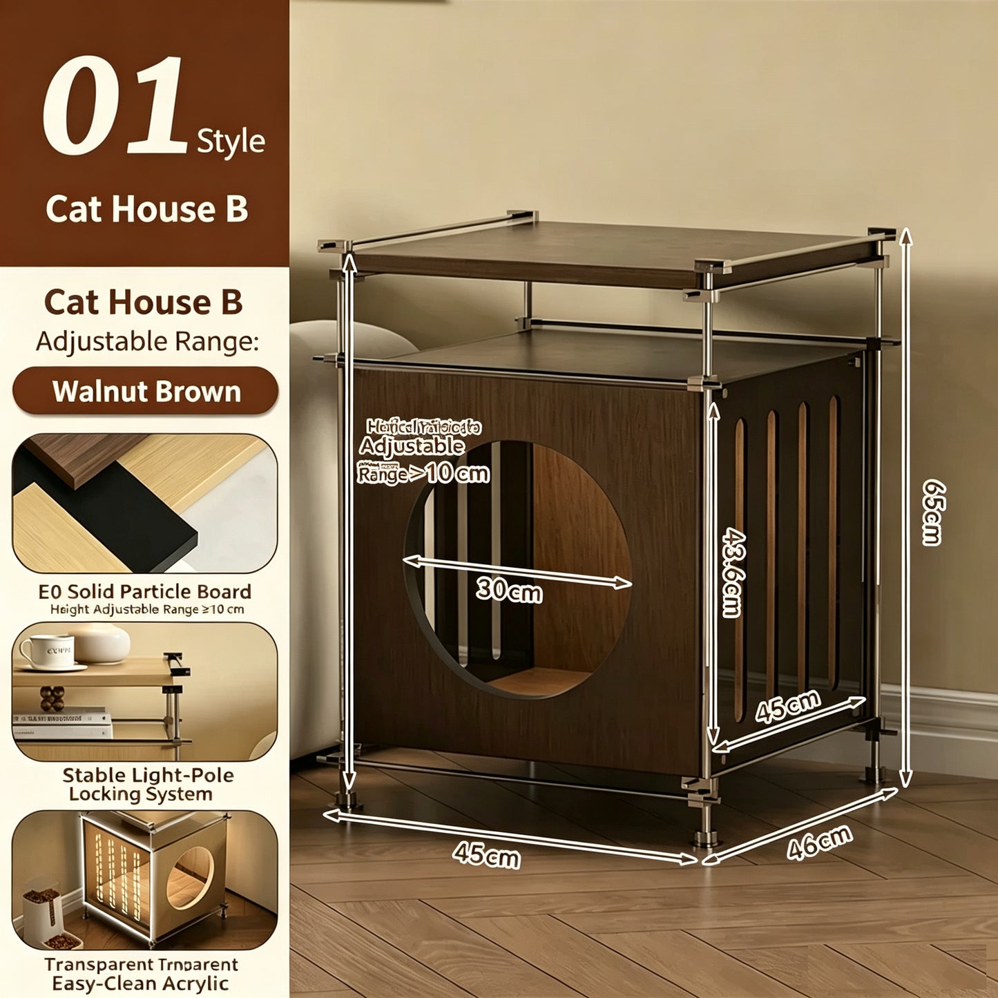 Modular DIY Birch Plywood Cat Cave Side Table, Adjustable Height Pet Hideaway End Table, Multi-Detachable Cat House Furniture for Cats & Small Dogs