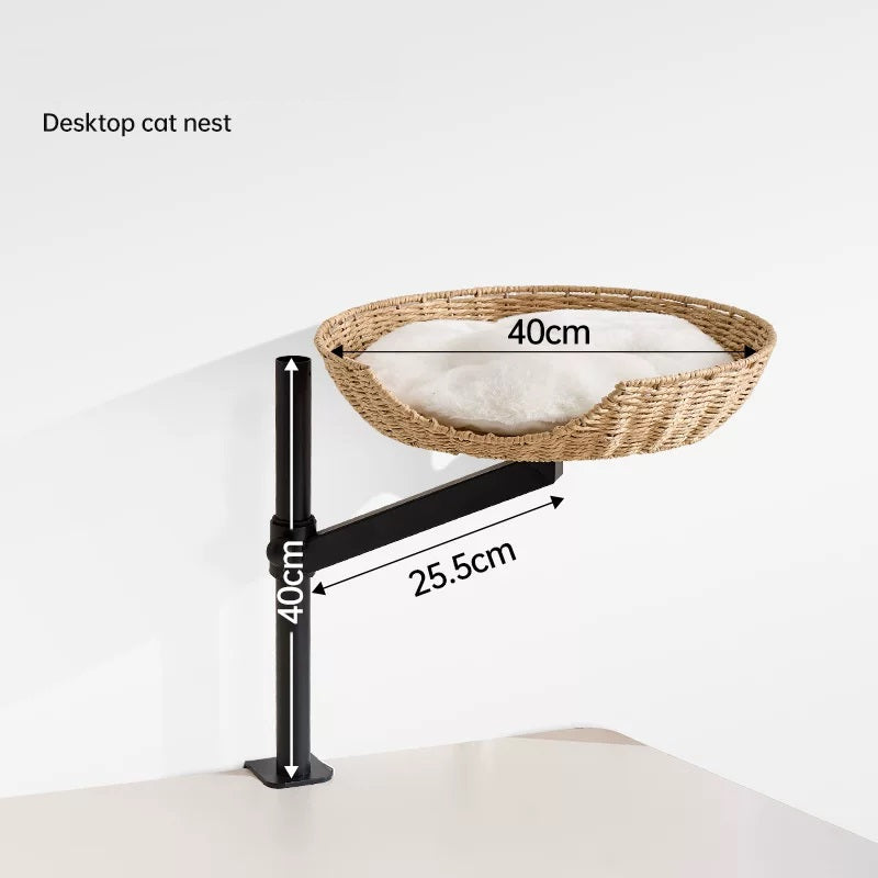 Clamp-On Elevated Oak Cat Perch, 2-Tier Table Side Cat Bed with Adjustable Metal Frame, No Drill Window Cat Platform for Indoor Cats