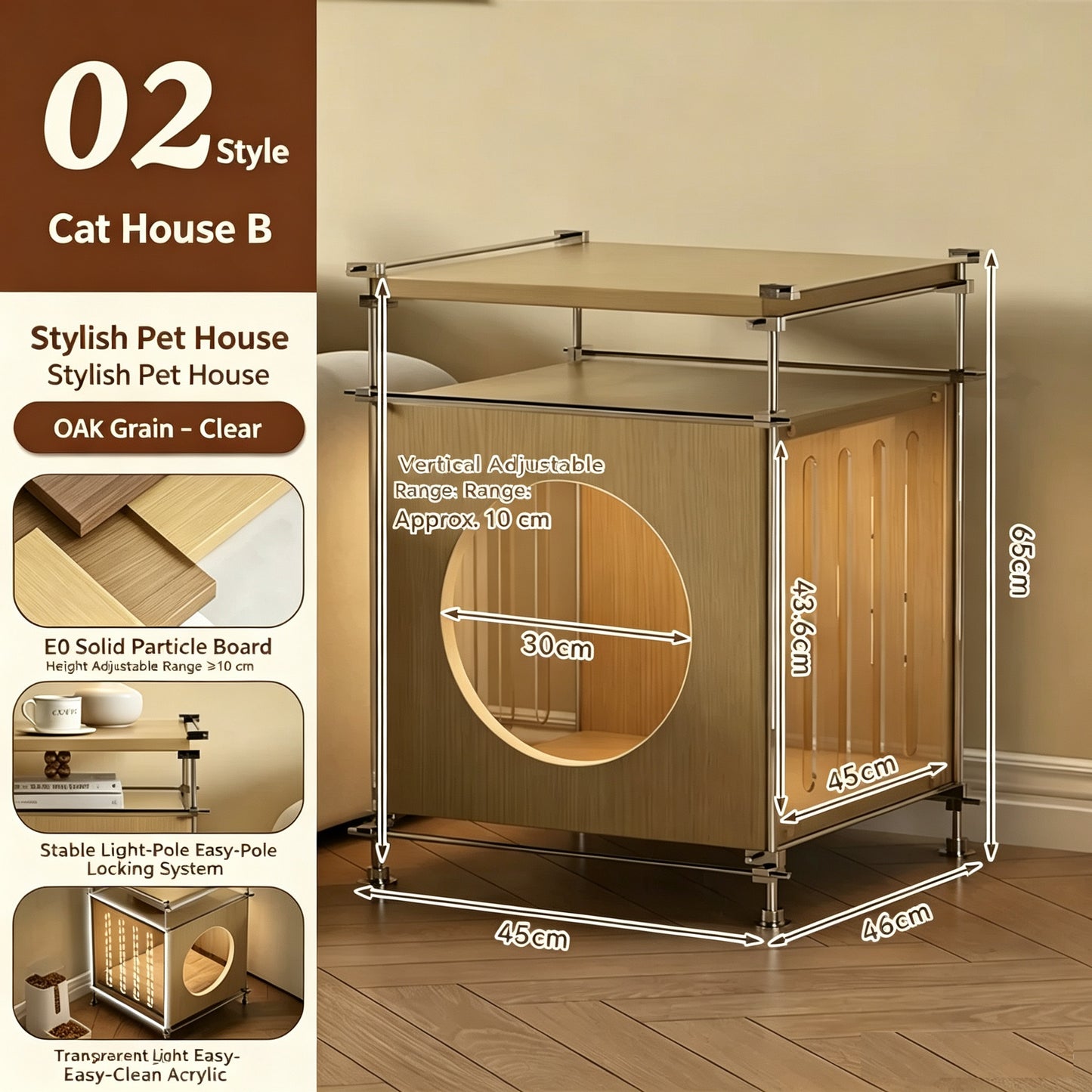Modular DIY Birch Plywood Cat Cave Side Table, Adjustable Height Pet Hideaway End Table, Multi-Detachable Cat House Furniture for Cats & Small Dogs