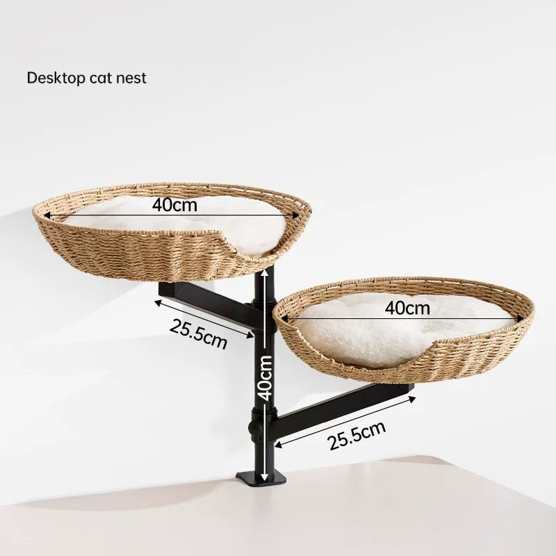 Clamp-On Elevated Oak Cat Perch, 2-Tier Table Side Cat Bed with Adjustable Metal Frame, No Drill Window Cat Platform for Indoor Cats