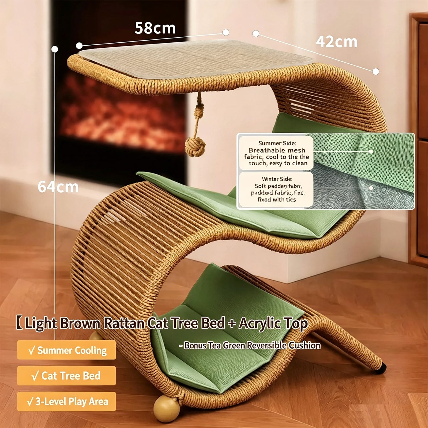 Dual-Use Handwoven PE Rattan Cat Tree Side Table | Human-Pet Shared End Table Cat Tunnel Hideaway Bed with Hanging Rope Toy, Double-Sided Summer Cooling Cushion, Large Space for Multiple Cats
