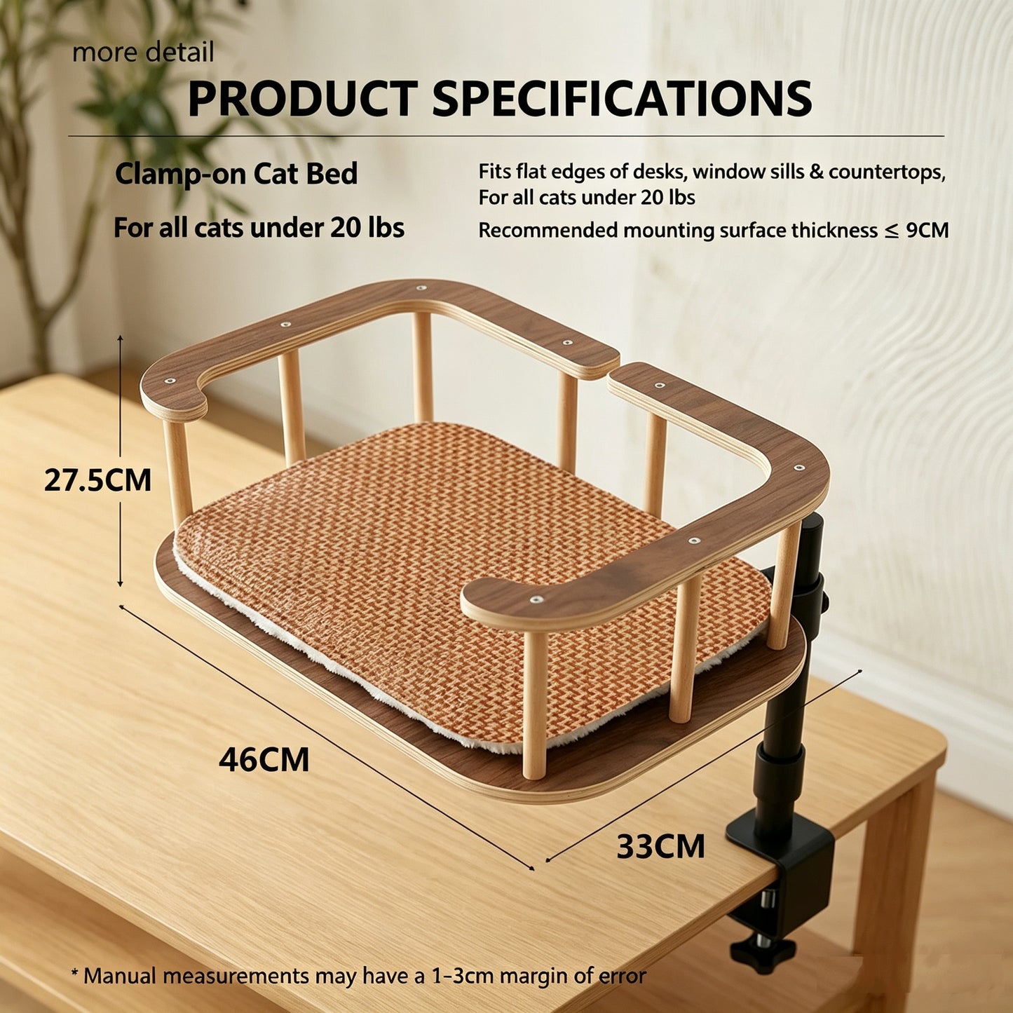Clamp-On Elevated Oak Cat Perch, 2-Tier Table Side Cat Bed with Adjustable Metal Frame, No Drill Window Cat Platform for Indoor Cats