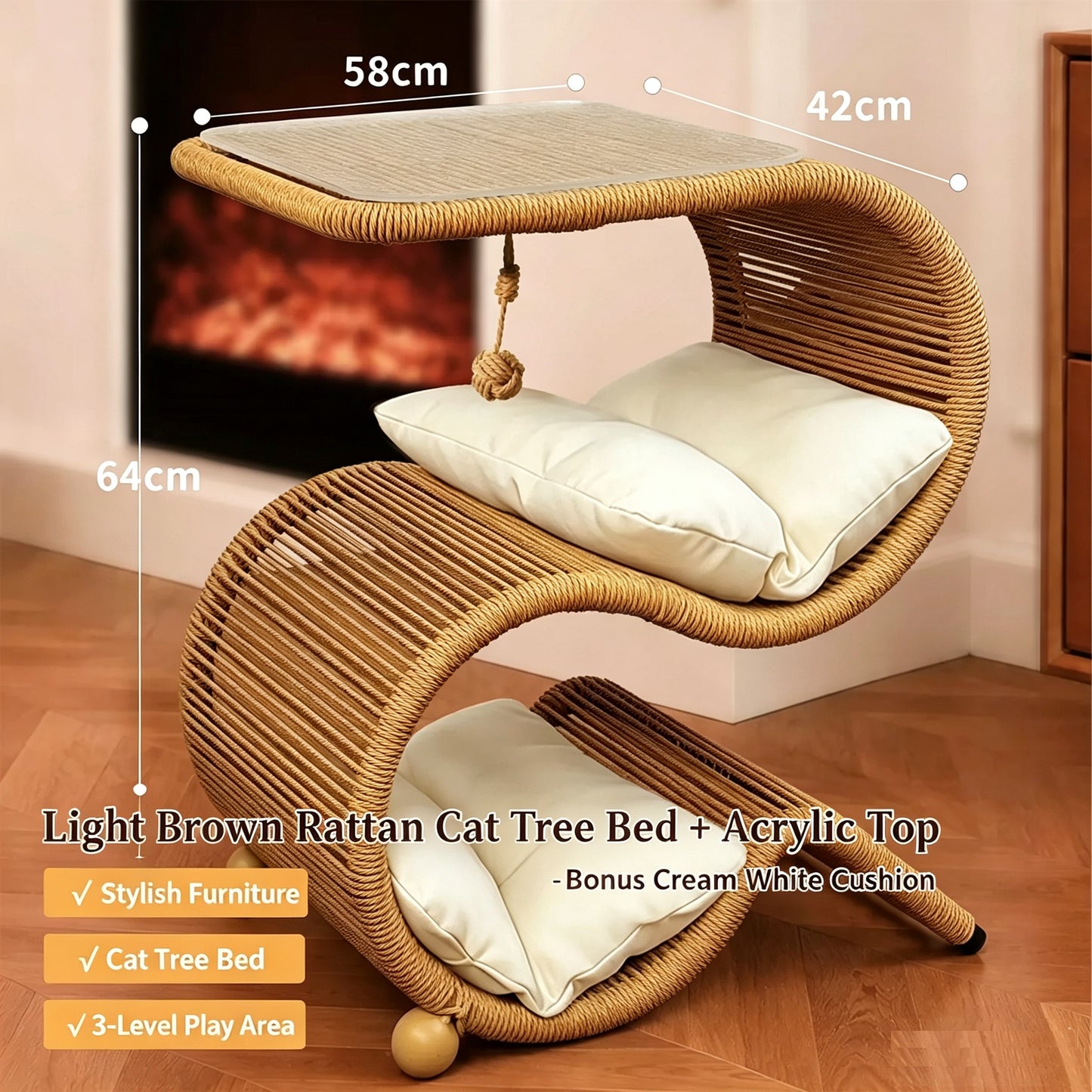 Dual-Use Handwoven PE Rattan Cat Tree Side Table | Human-Pet Shared End Table Cat Tunnel Hideaway Bed with Hanging Rope Toy, Double-Sided Summer Cooling Cushion, Large Space for Multiple Cats
