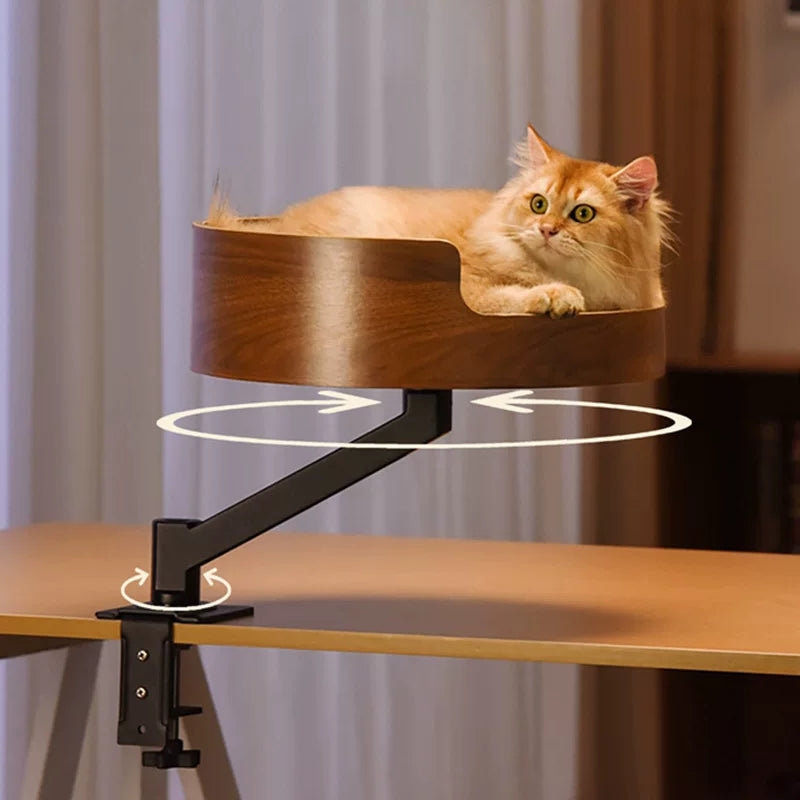 Clamp-On Elevated Oak Cat Perch, 2-Tier Table Side Cat Bed with Adjustable Metal Frame, No Drill Window Cat Platform for Indoor Cats