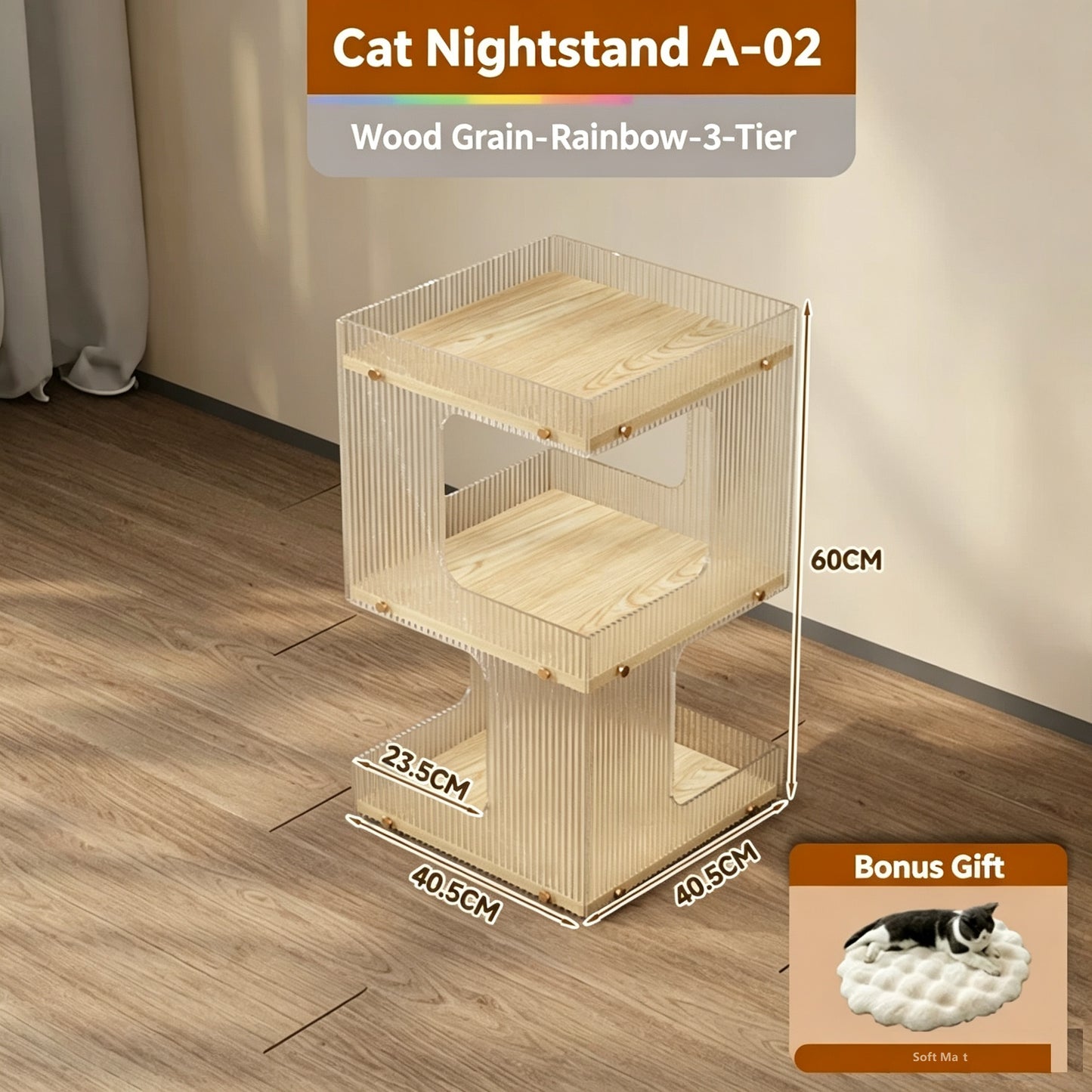 2-Tier & 3-Tier Ripple Acrylic Cat Nightstand, 2 in 1 Human Side Table & Multi-Level Cat Bed House