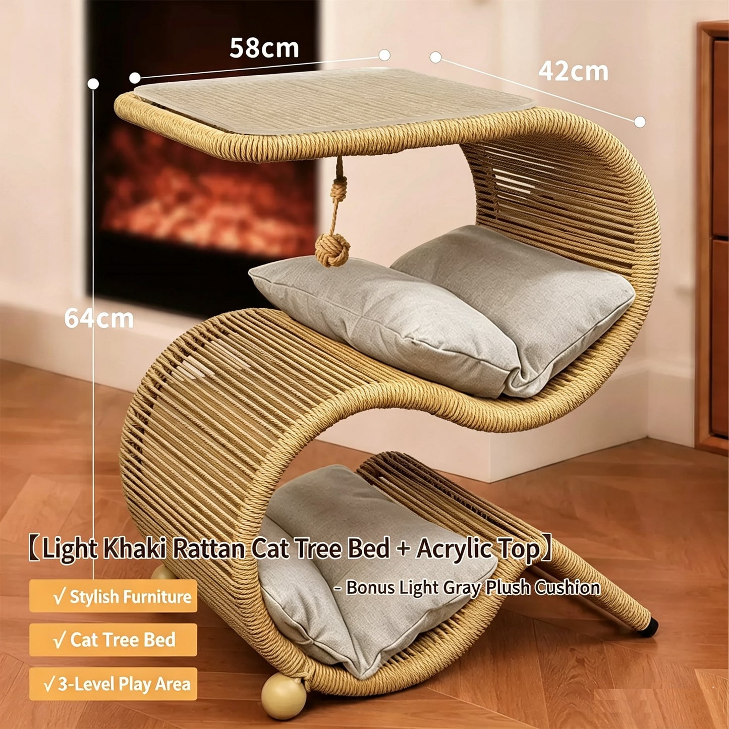Dual-Use Handwoven PE Rattan Cat Tree Side Table | Human-Pet Shared End Table Cat Tunnel Hideaway Bed with Hanging Rope Toy, Double-Sided Summer Cooling Cushion, Large Space for Multiple Cats