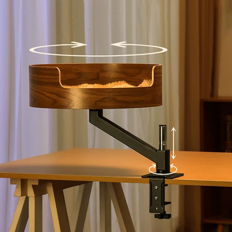 Clamp-On Elevated Oak Cat Perch, 2-Tier Table Side Cat Bed with Adjustable Metal Frame, No Drill Window Cat Platform for Indoor Cats