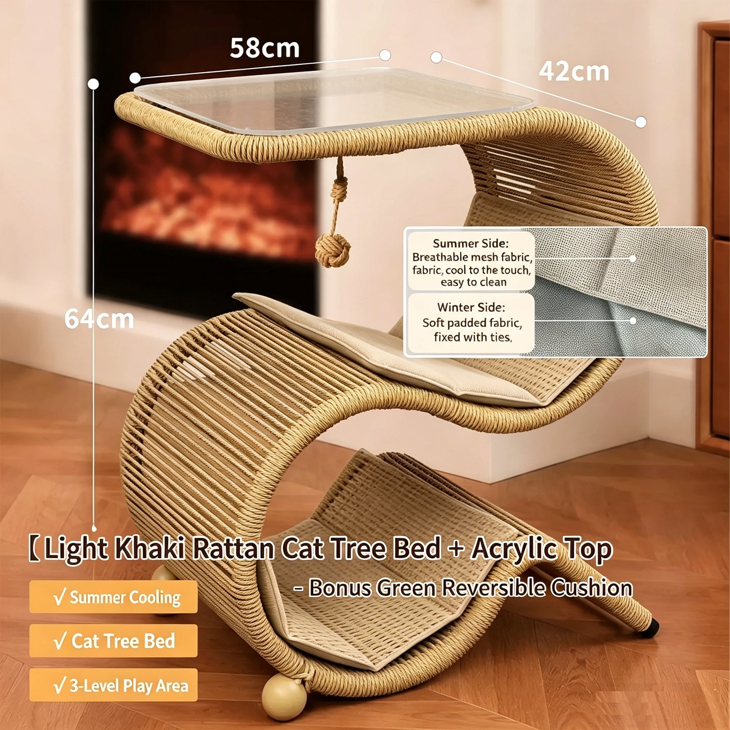 Dual-Use Handwoven PE Rattan Cat Tree Side Table | Human-Pet Shared End Table Cat Tunnel Hideaway Bed with Hanging Rope Toy, Double-Sided Summer Cooling Cushion, Large Space for Multiple Cats