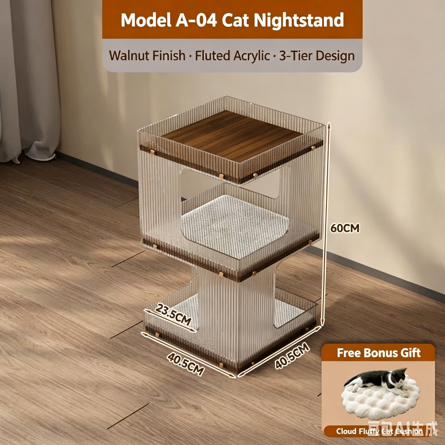 2-Tier & 3-Tier Ripple Acrylic Cat Nightstand, 2 in 1 Human Side Table & Multi-Level Cat Bed House