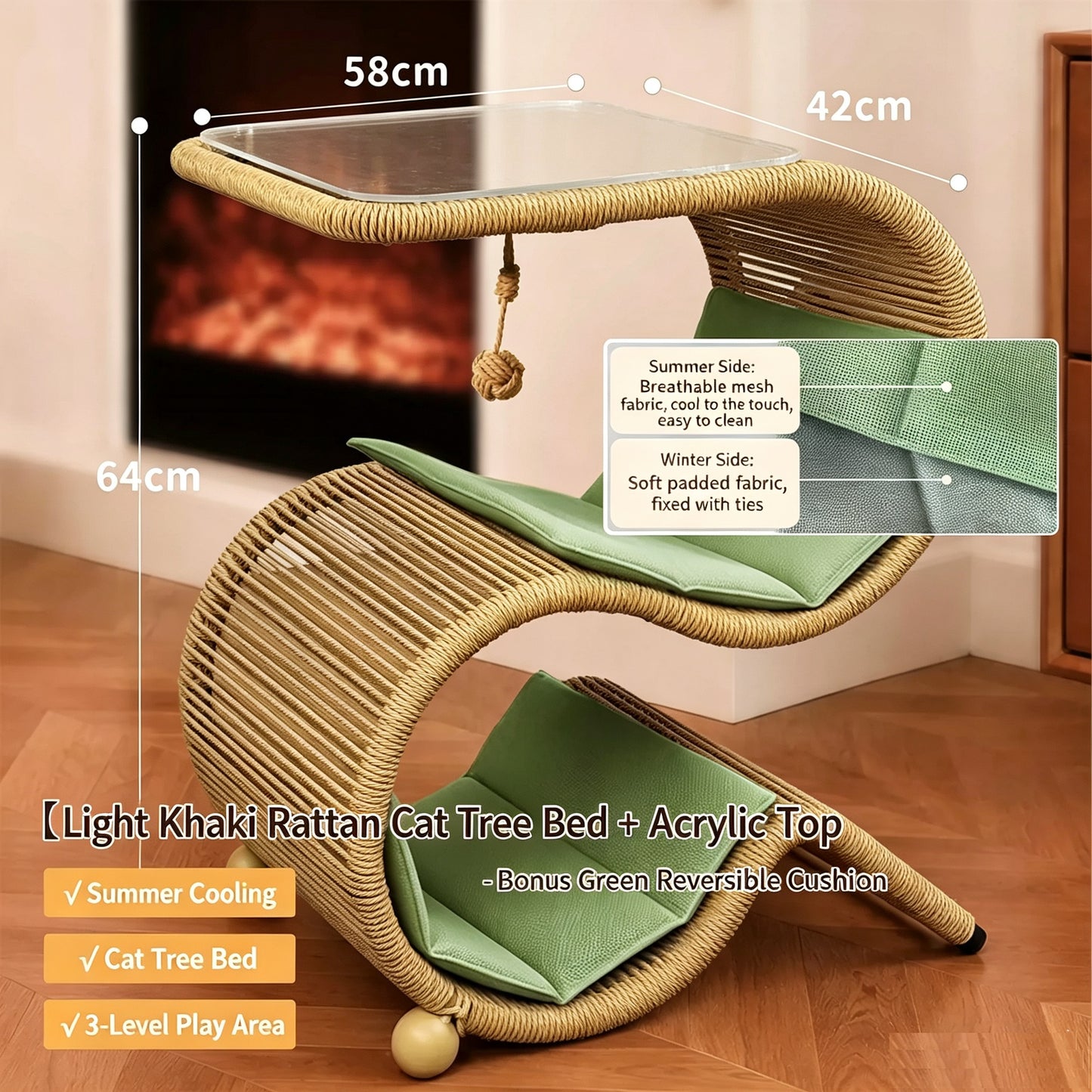 Dual-Use Handwoven PE Rattan Cat Tree Side Table | Human-Pet Shared End Table Cat Tunnel Hideaway Bed with Hanging Rope Toy, Double-Sided Summer Cooling Cushion, Large Space for Multiple Cats