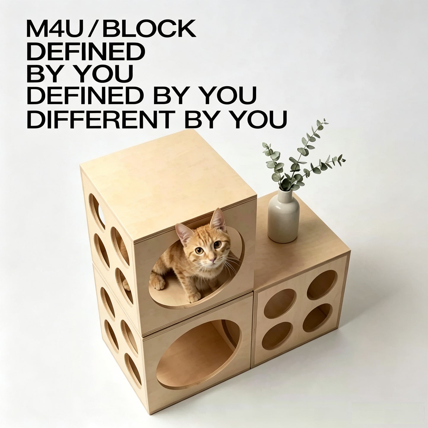 M4U BLOCK Customizable Modular Plywood Cat Cube – A stackable, interlocking cat den module with cutouts that doubles as a decorative storage side table for both humans and pets (suitable for indoor cats and small dogs).