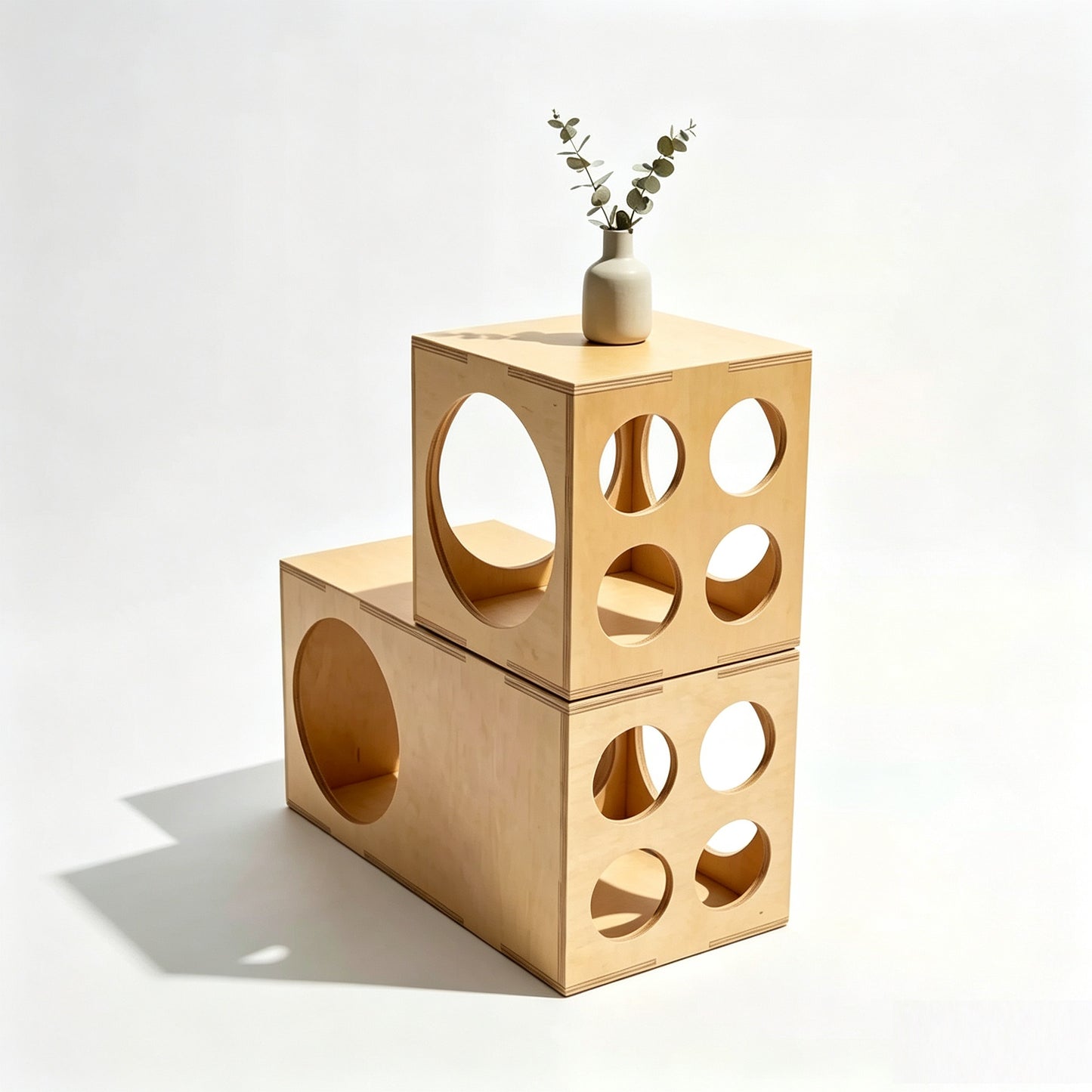 M4U BLOCK Customizable Modular Plywood Cat Cube – A stackable, interlocking cat den module with cutouts that doubles as a decorative storage side table for both humans and pets (suitable for indoor cats and small dogs).
