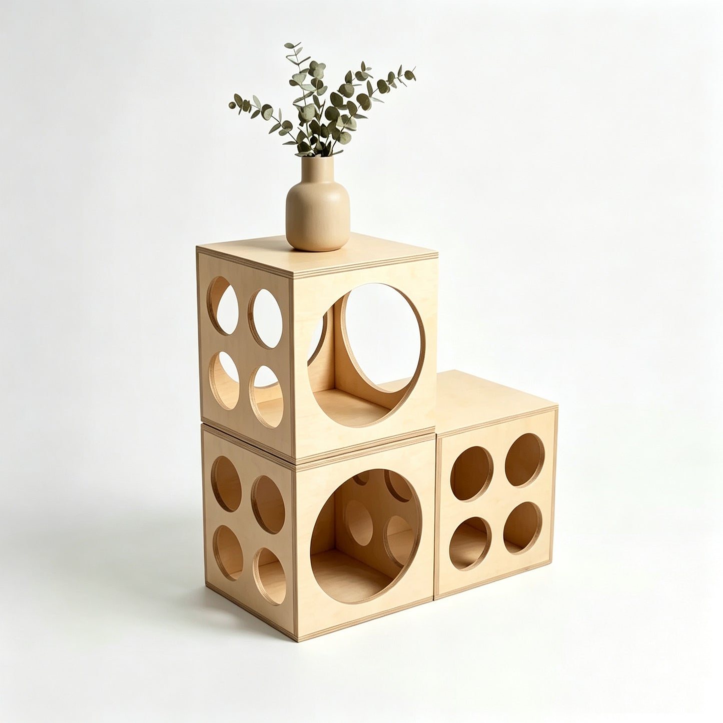M4U BLOCK Customizable Modular Plywood Cat Cube – A stackable, interlocking cat den module with cutouts that doubles as a decorative storage side table for both humans and pets (suitable for indoor cats and small dogs).