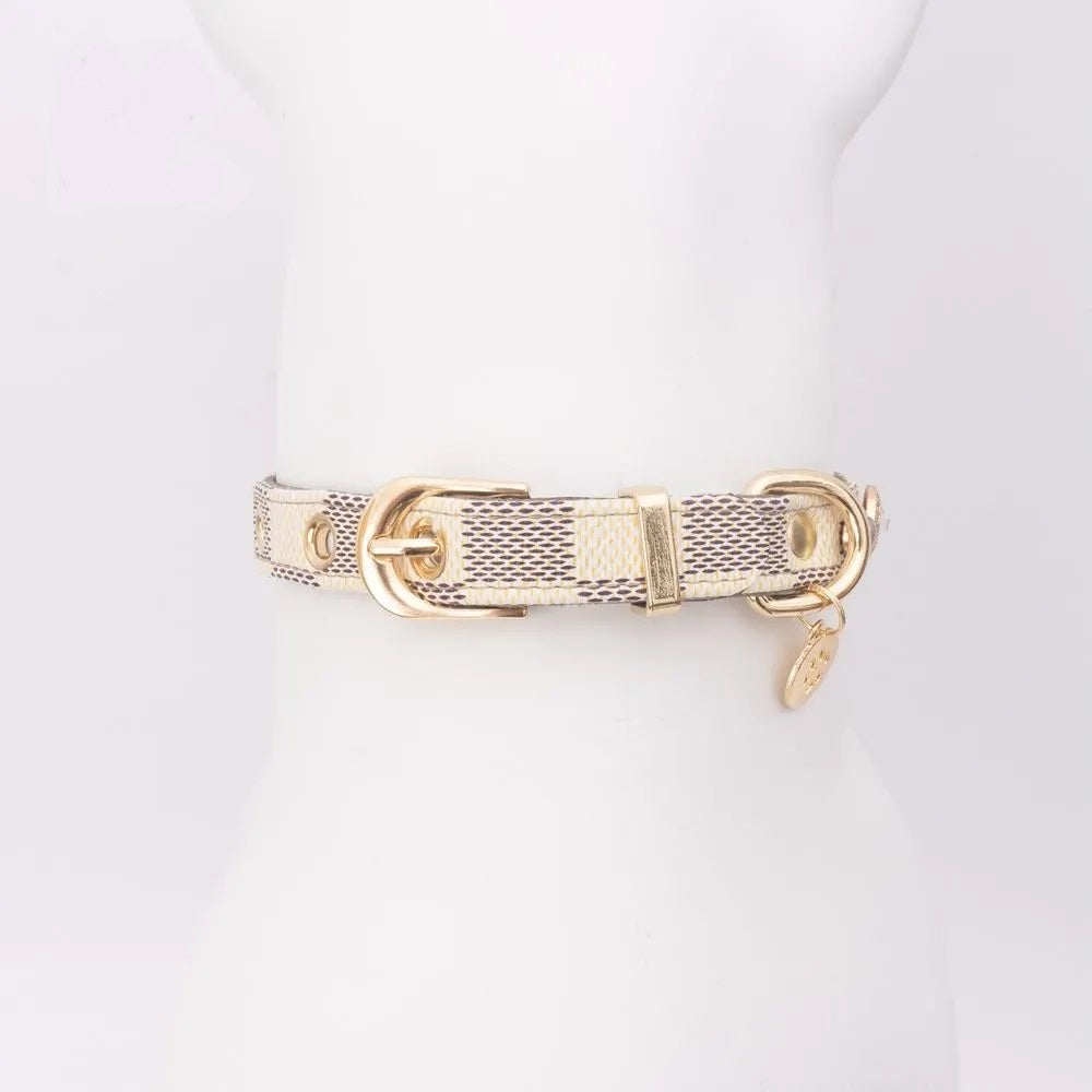 Luxury Checkered Clover Rhinestone Pet Collar & Matching Leash Set for Cats & Small Dogs