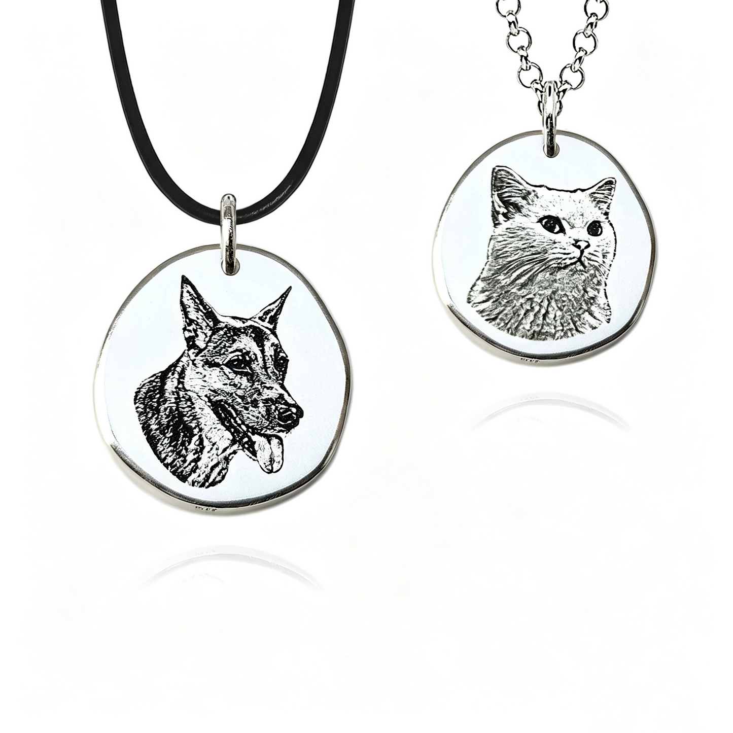Custom Pet Portrait Engraved Silver Jewelry – Personalized Memorial Keepsake Rings, Bracelets, Earrings & Brooches